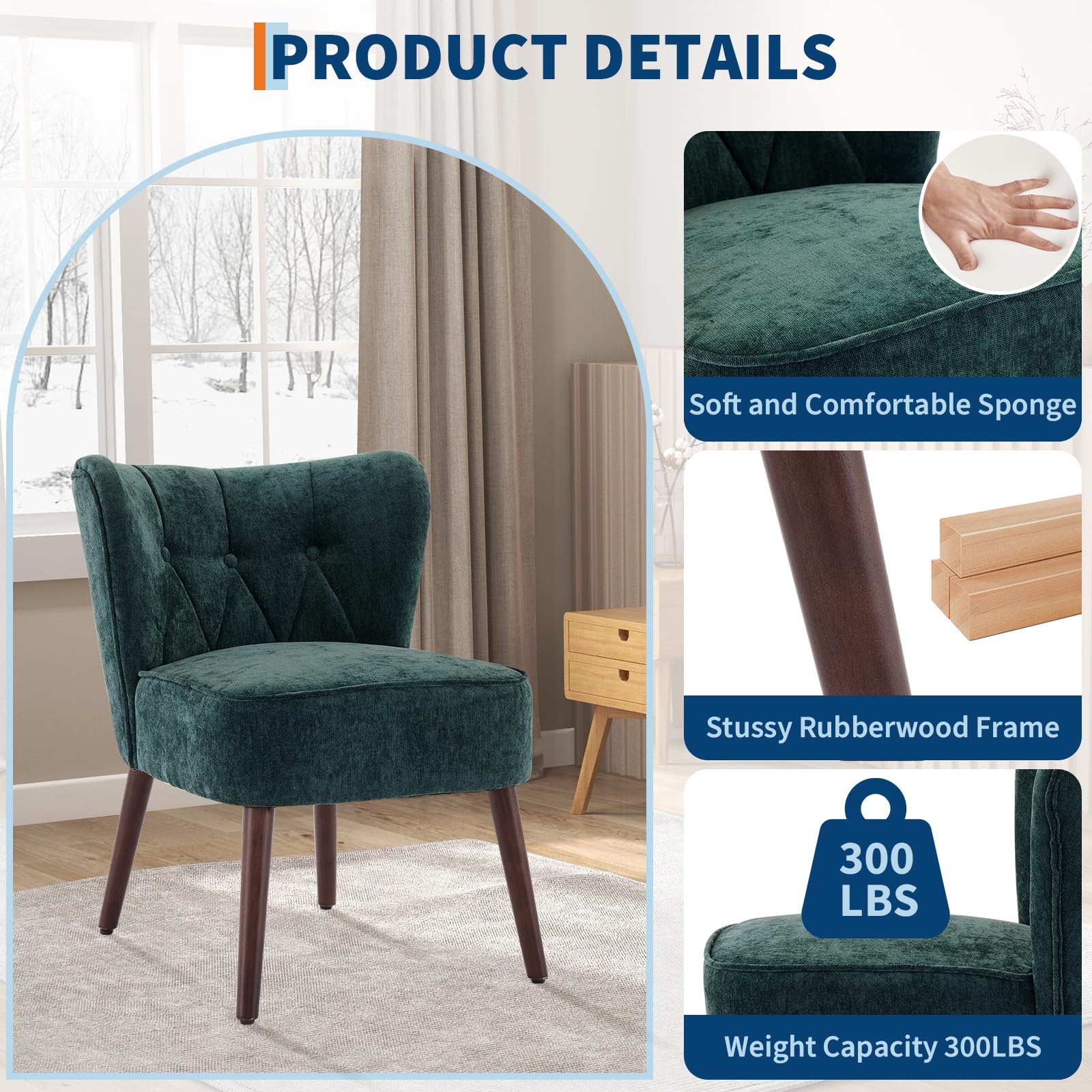 Poltrona Garvee Accent Chair senza braccioli con gambe in legno, imbottita in tessuto trapuntato, ergonomica, robusta, versatile, per soggiorno, camera da letto, multicolore