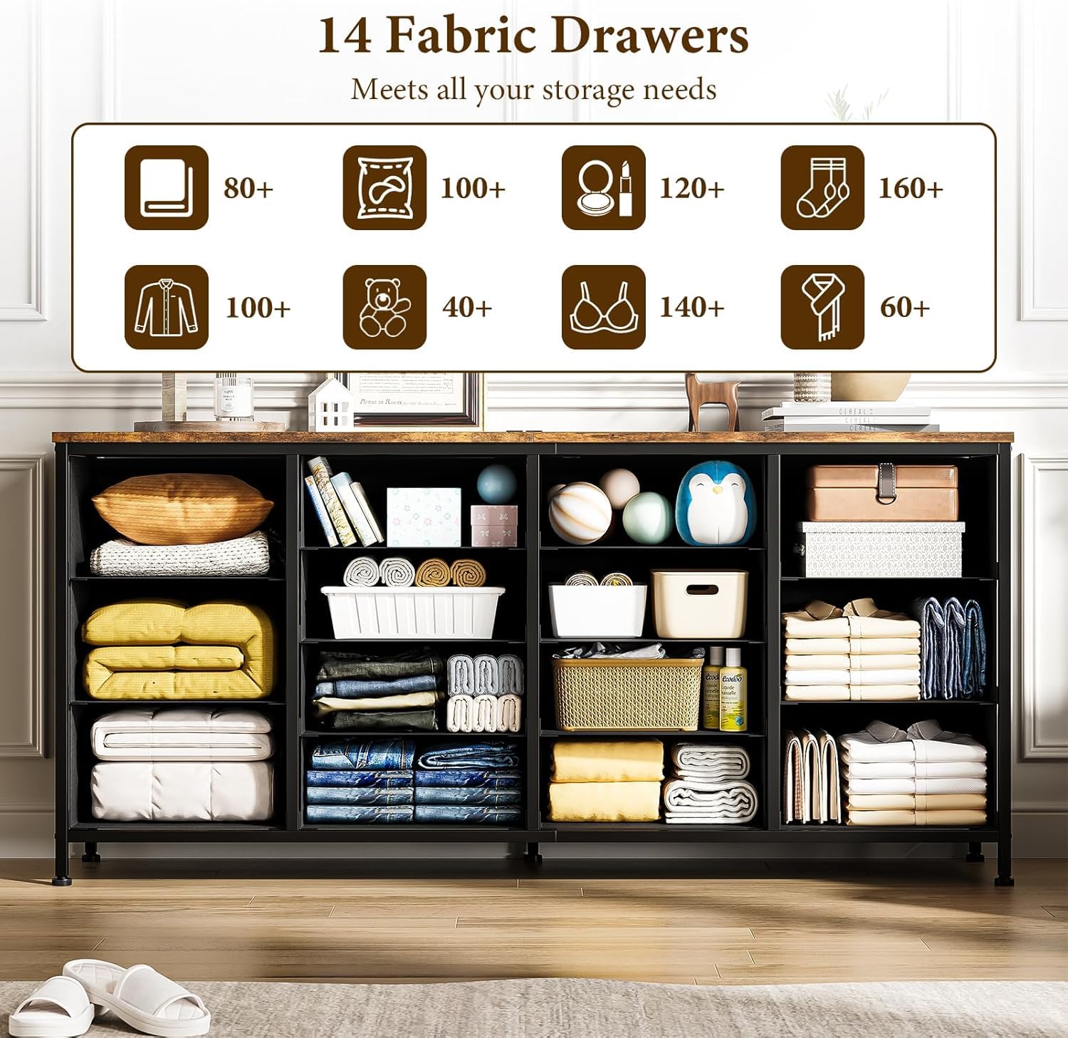 Mobile TV Garvee con 14 cassetti e prese, credenza bassa da 160 cm per TV da 75 pollici, set di sicurezza, moderno, rovere bianco