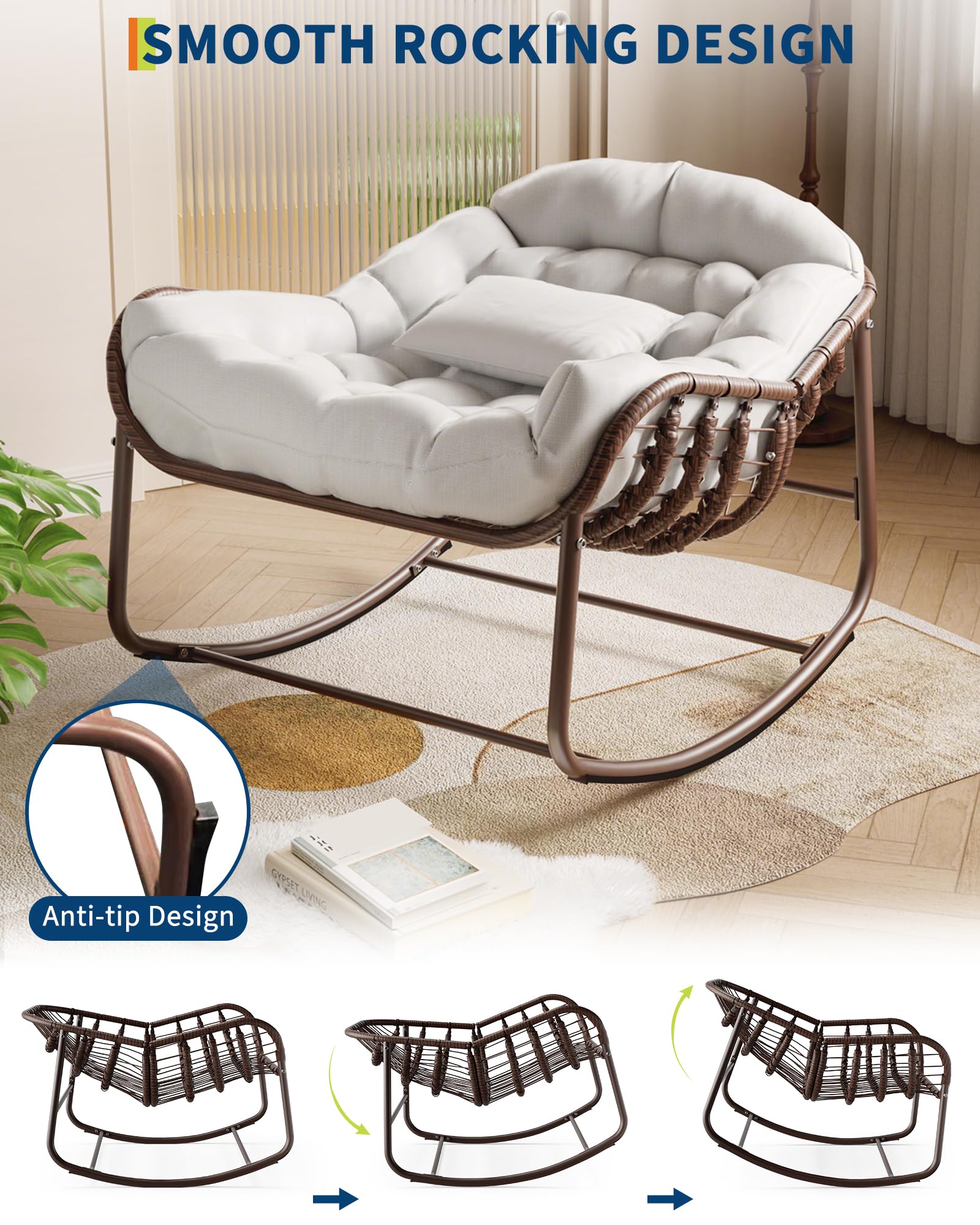 Sedia a dondolo da esterno Garvee Papasan, in vimini, con cuscino e struttura in metallo, per balcone, giardino, soggiorno, ergonomica, resistente alle intemperie, in rattan, in textilene resistente ai raggi UV