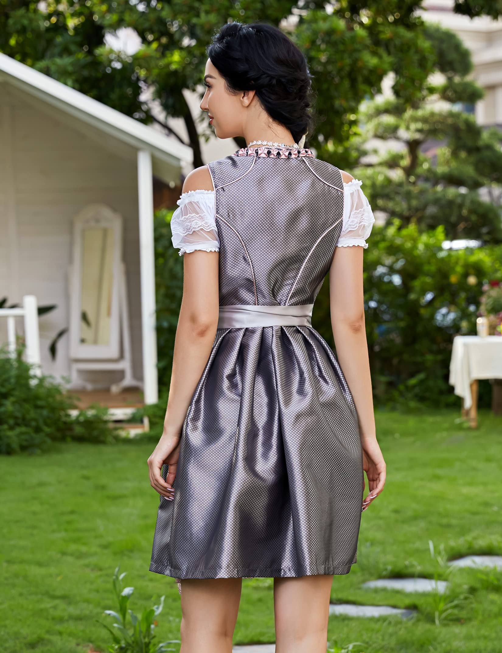 Abito tradizionale da donna Garvee Dirndl midi grigio-rosa taglia 34 - Abito tre pezzi camicetta grembiule
