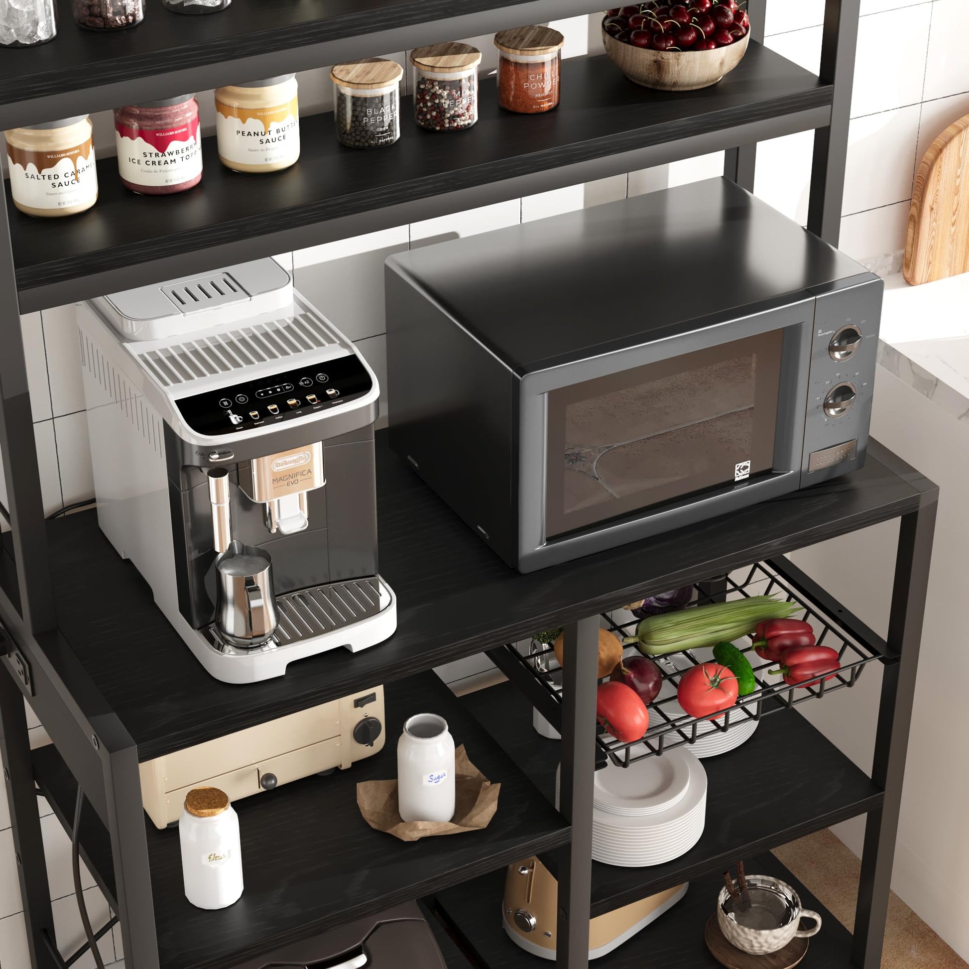 Scaffale Garvee Bakers a 5 ripiani con presa di corrente per cucina e bar, 35,41" L x 15,71" W x 59,12" H, nero, struttura in legno e metallo