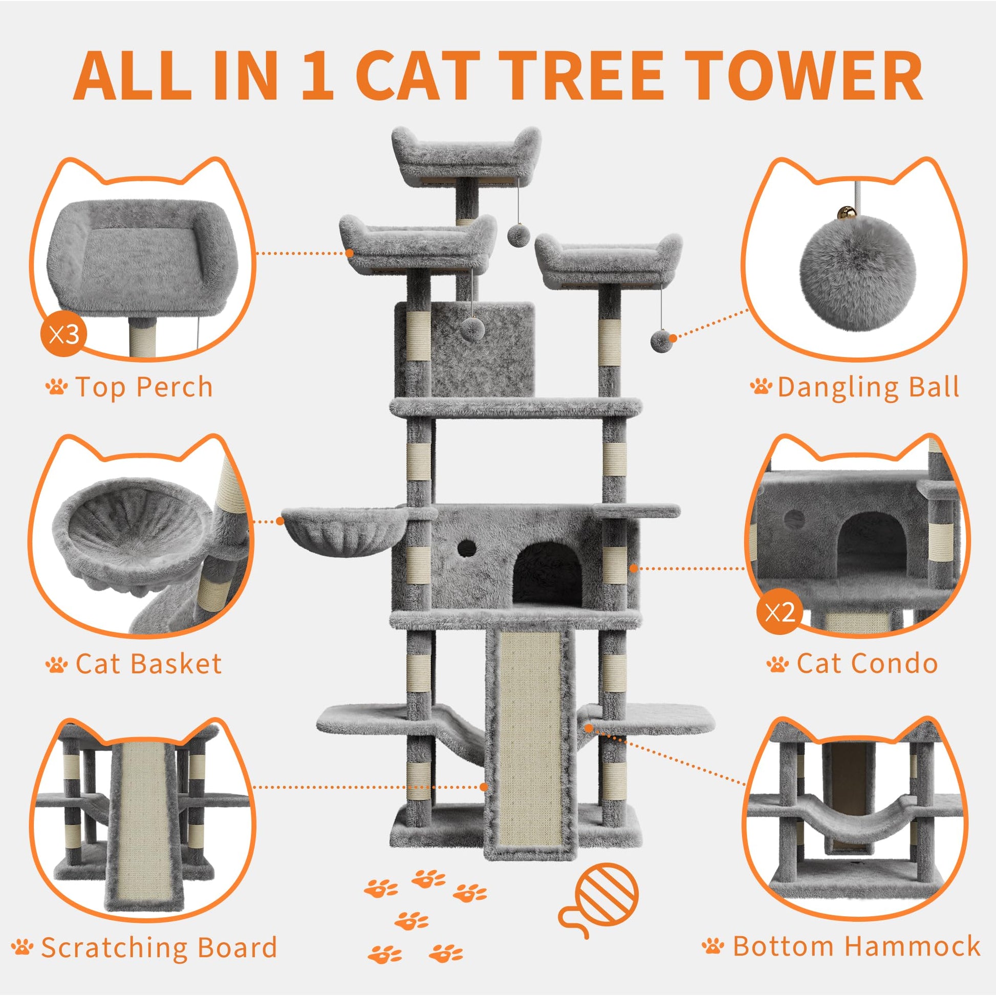 Albero per gatti Garvee Large Multi-Level da 68,5" per gatti di grandi dimensioni, 9 kg+, torre robusta con tiragraffi in sisal e amache, realizzato in legno e peluche per uso interno.