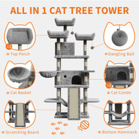 Albero per gatti Garvee Large Multi-Level da 68,5" per gatti di grandi dimensioni, 9 kg+, torre robusta con tiragraffi in sisal e amache, realizzato in legno e peluche per uso interno.