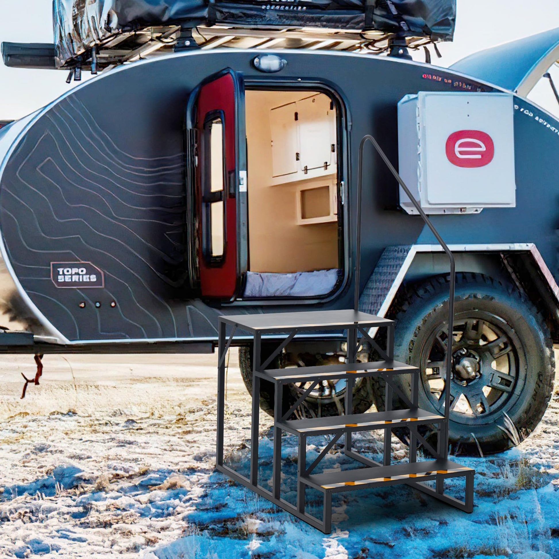 Scala portatile per camper Garvee a 4 gradini con corrimano, antiscivolo, in acciaio verniciato a polvere per roulotte e uso esterno, stabile, ergonomica, nera