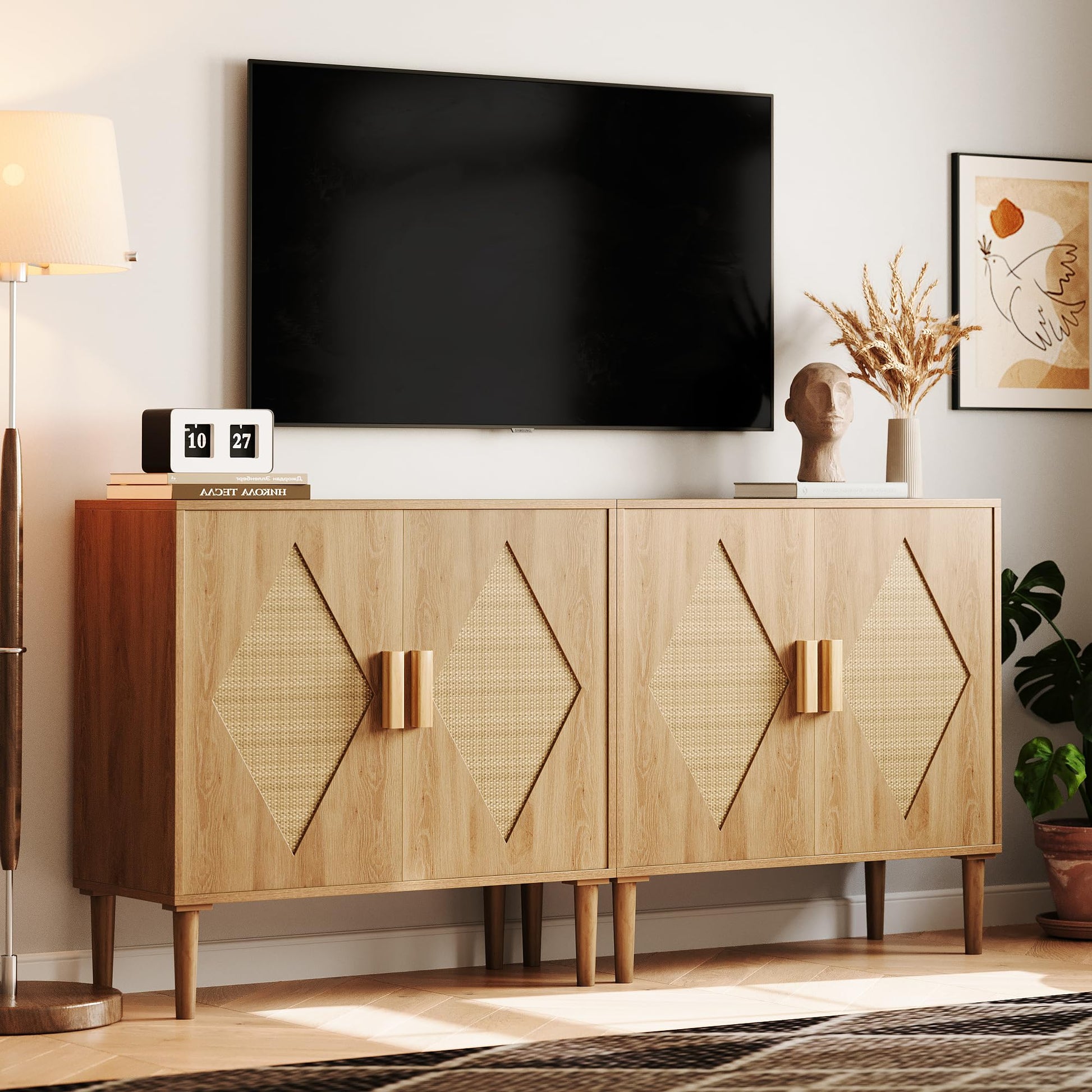 Garvee Buffet Cabinet Con 2 Decorazioni In Rattan, Mobile Contenitore In Legno Naturale Per Soggiorno E Sala Da Pranzo, Naturale