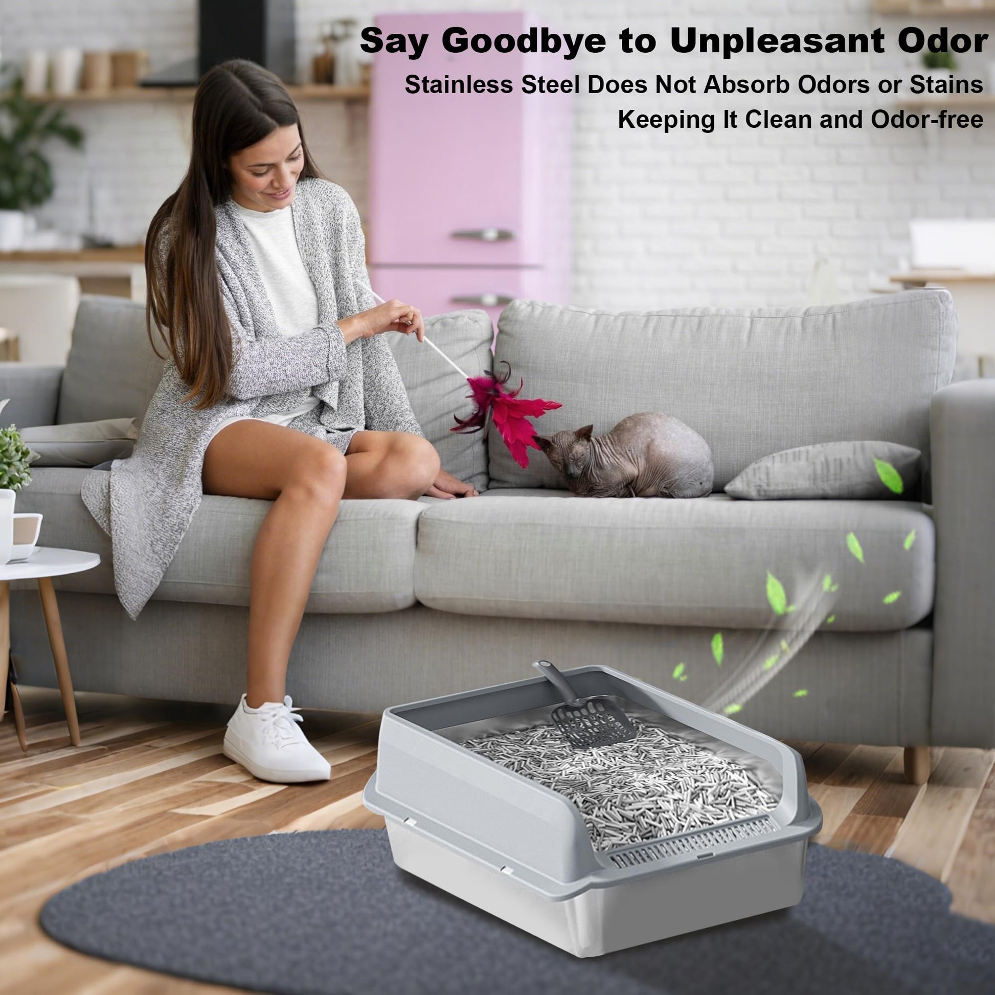 Lettiera per gatti Garvee in acciaio inox con coperchio, profonda 6'', grande capacità, antiruggine, con paletta setacciante e doppio tappetino per lettiera, bordo alto senza cuciture, facile da pulire, per uso domestico