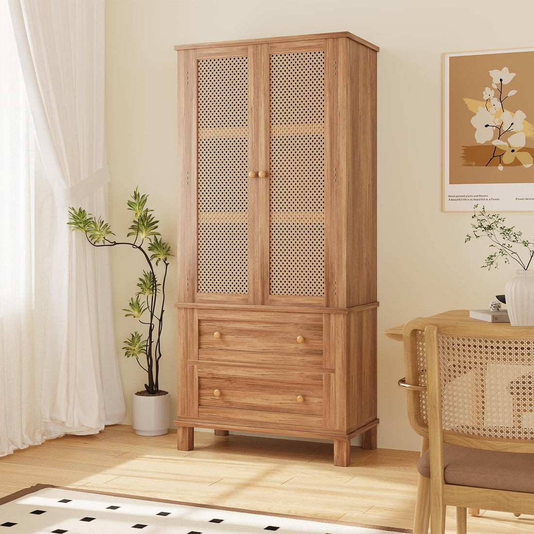 Garvee Armadio Dispensa Cucina Rattan 2 Porte 2 Ripiani Regolabili Legno Massello 64" Noce Rustico