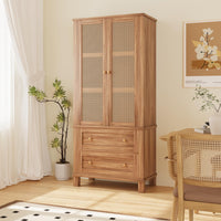 Garvee Armadio Dispensa Cucina Rattan 2 Porte 2 Ripiani Regolabili Legno Massello 64" Noce Rustico