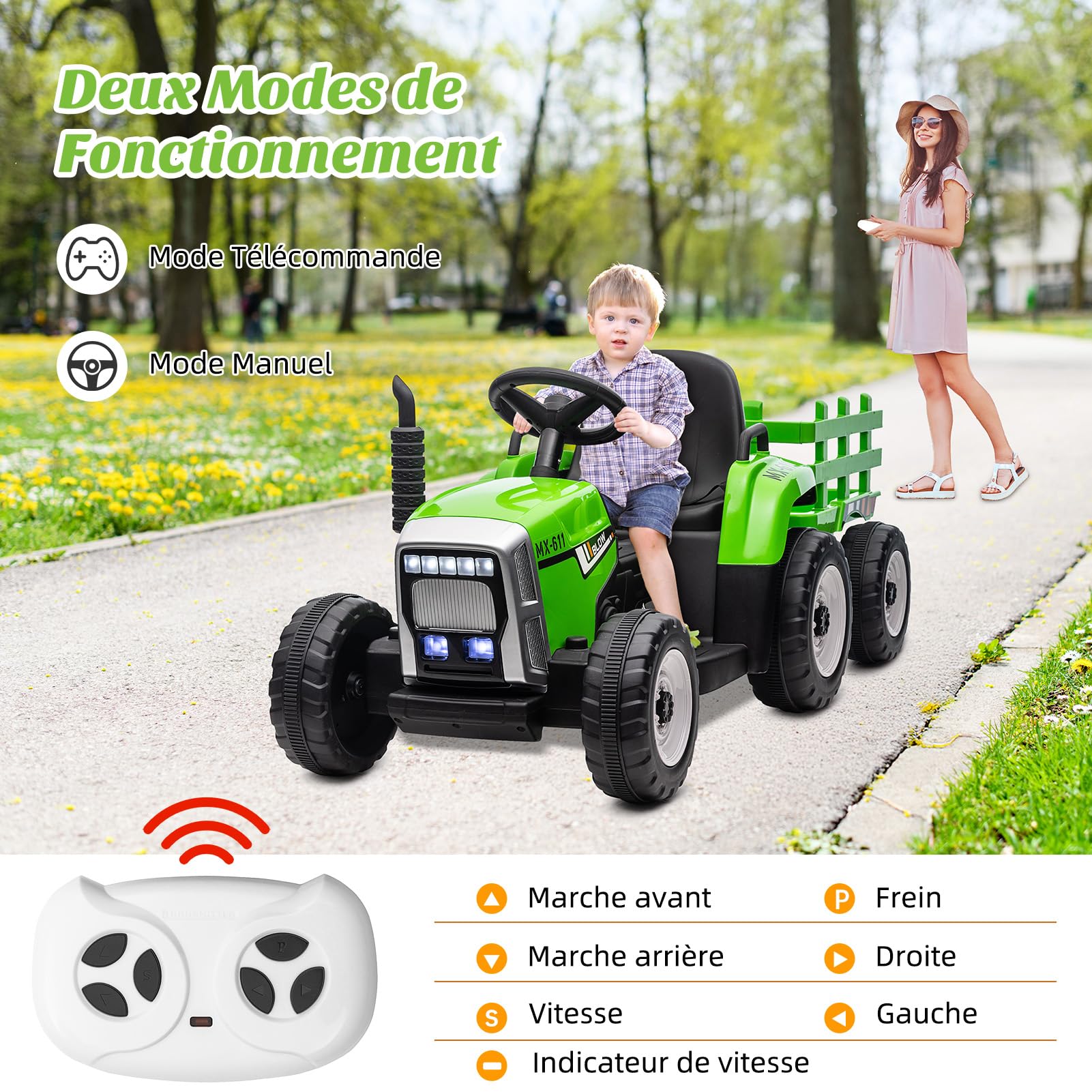 Trattore elettrico Garvee a batteria, giocattolo per bambini, verde, con struttura sicura per i bambini e ruote robuste, per divertirsi dai 3 anni in su, sia all'interno che all'esterno.