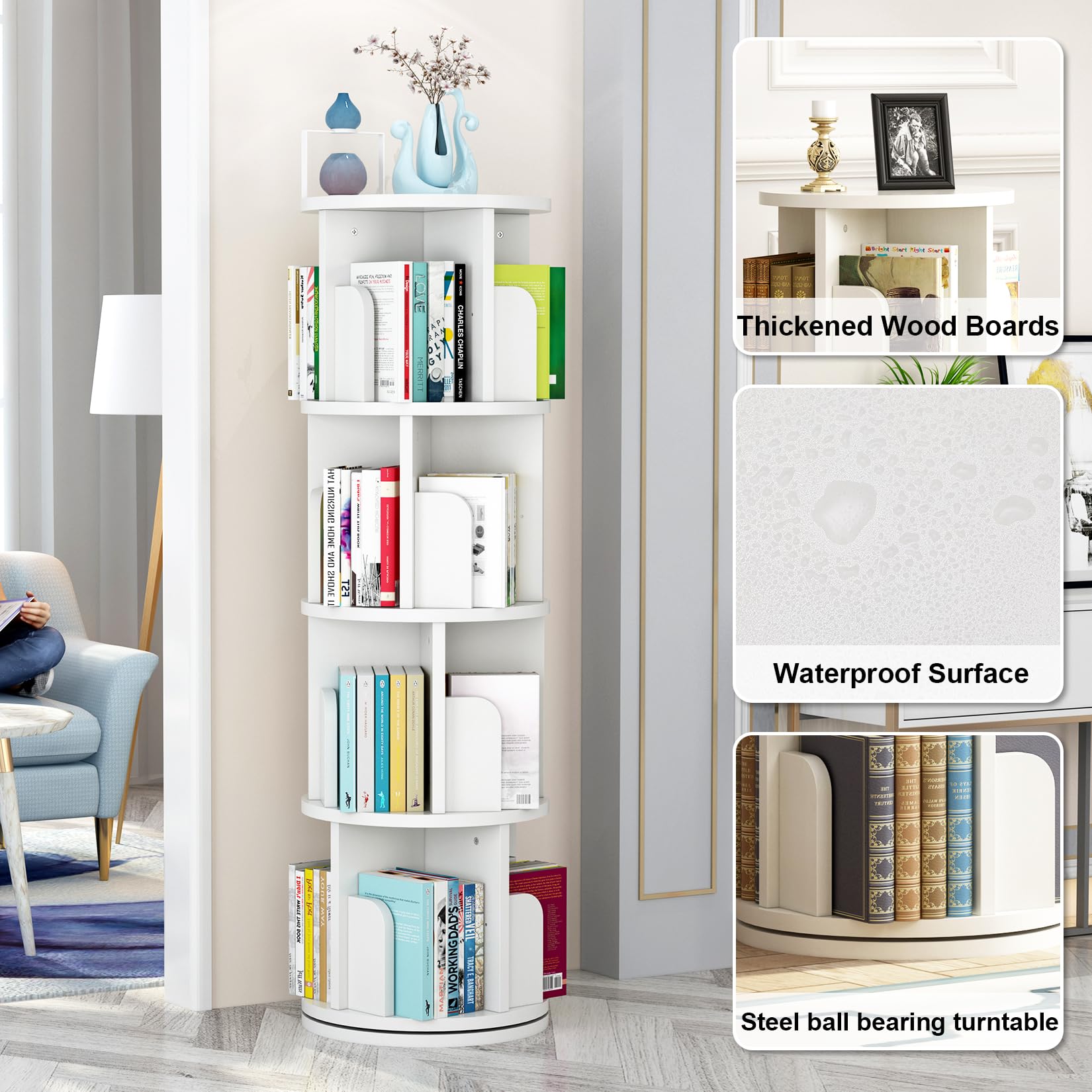 Libreria girevole Garvee da 51,2" in legno bianco, girevole a 360°, a 4 ripiani, resistente legno di pino, salvaspazio, versatile per camera da letto e soggiorno