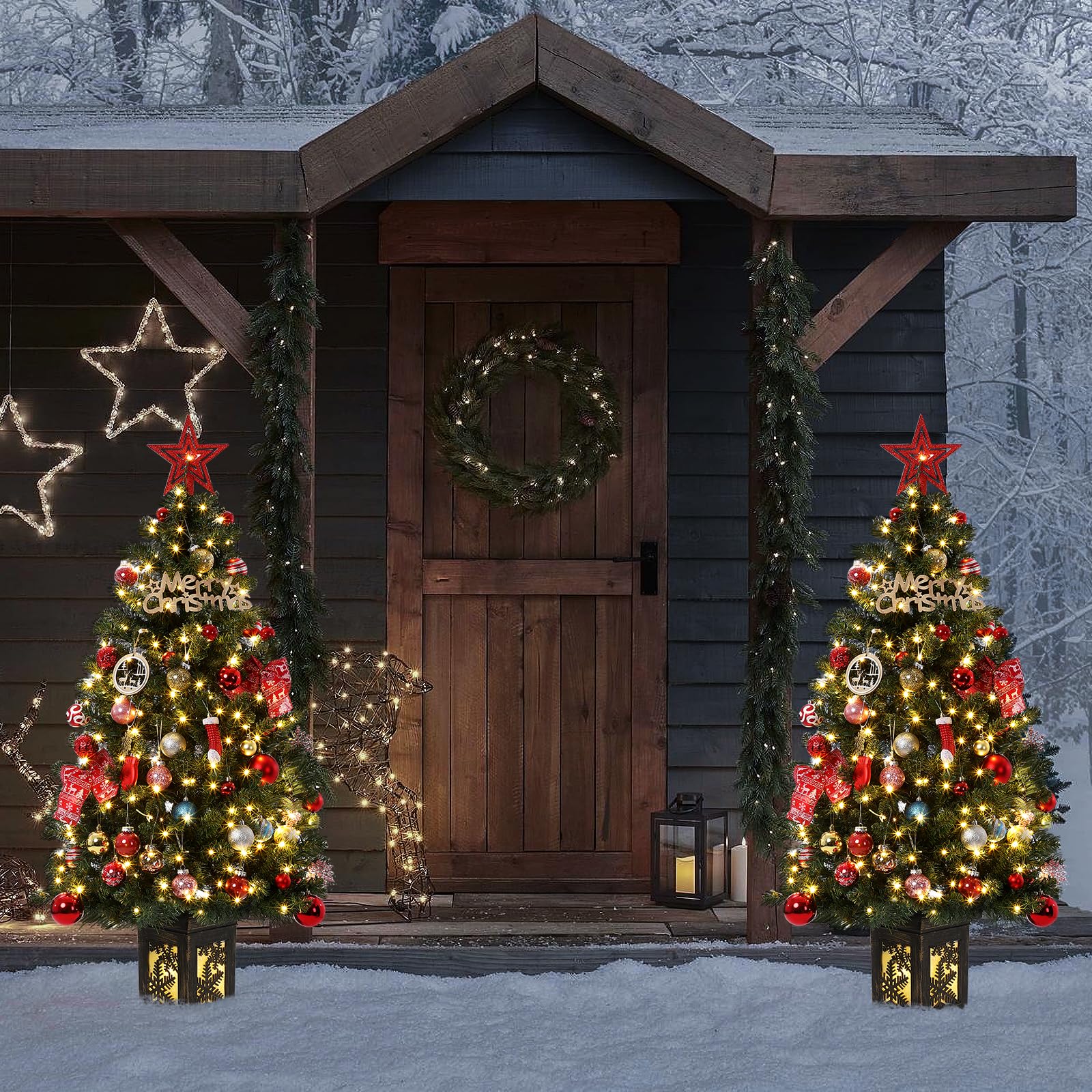 Albero di Natale vintage Garvee da 145 cm con struttura in metallo, 300 LED, 8 modalità, spina UE e design con scatola luminosa a forma di fiocco di neve
