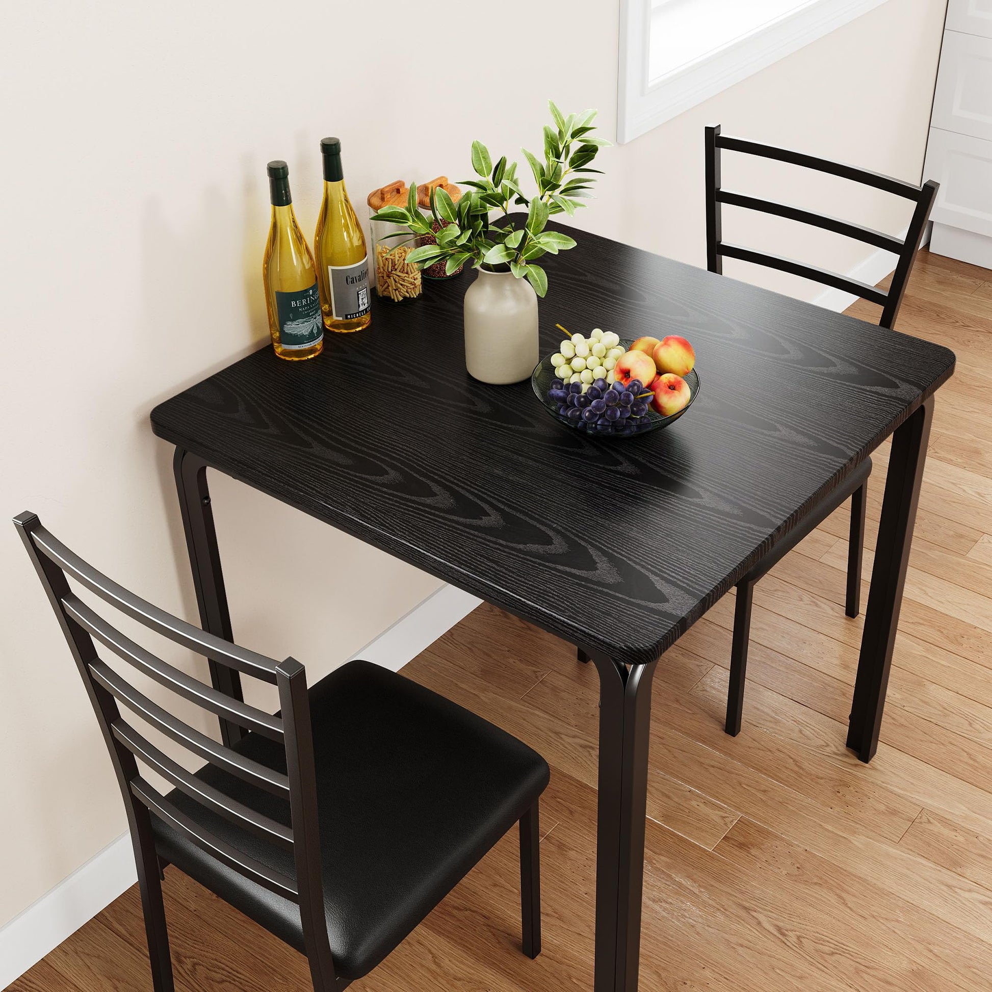 Set da pranzo Garvee da 3 pezzi per 2 persone con sedie imbottite, piano in MDF, salvaspazio, stabile, ideale per cucina e sala da pranzo, design moderno, nero