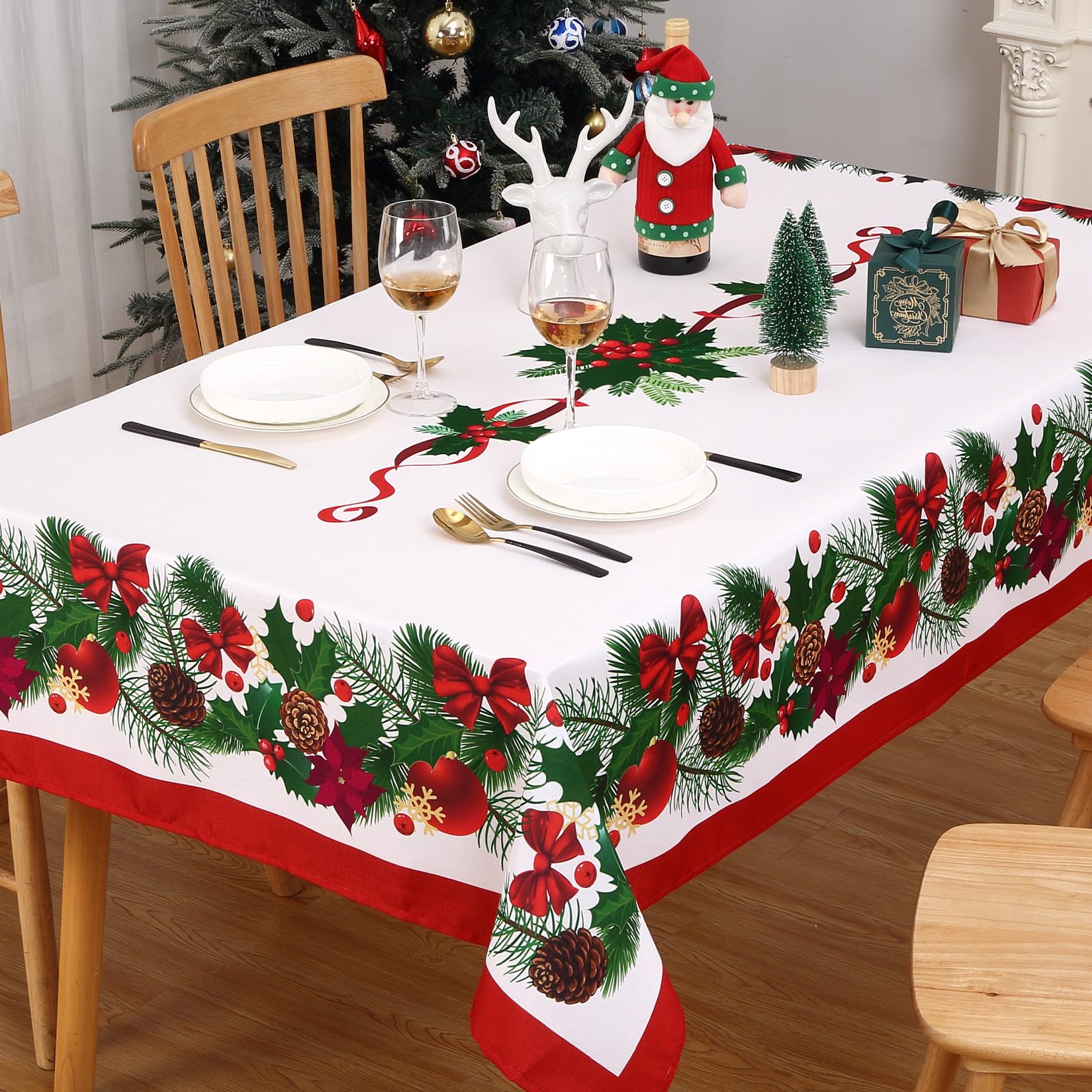Tovaglia natalizia Garvee Nappe De Noël, rettangolare, 137x200 cm, bianca, festosa con fiocchi, per decorazioni natalizie