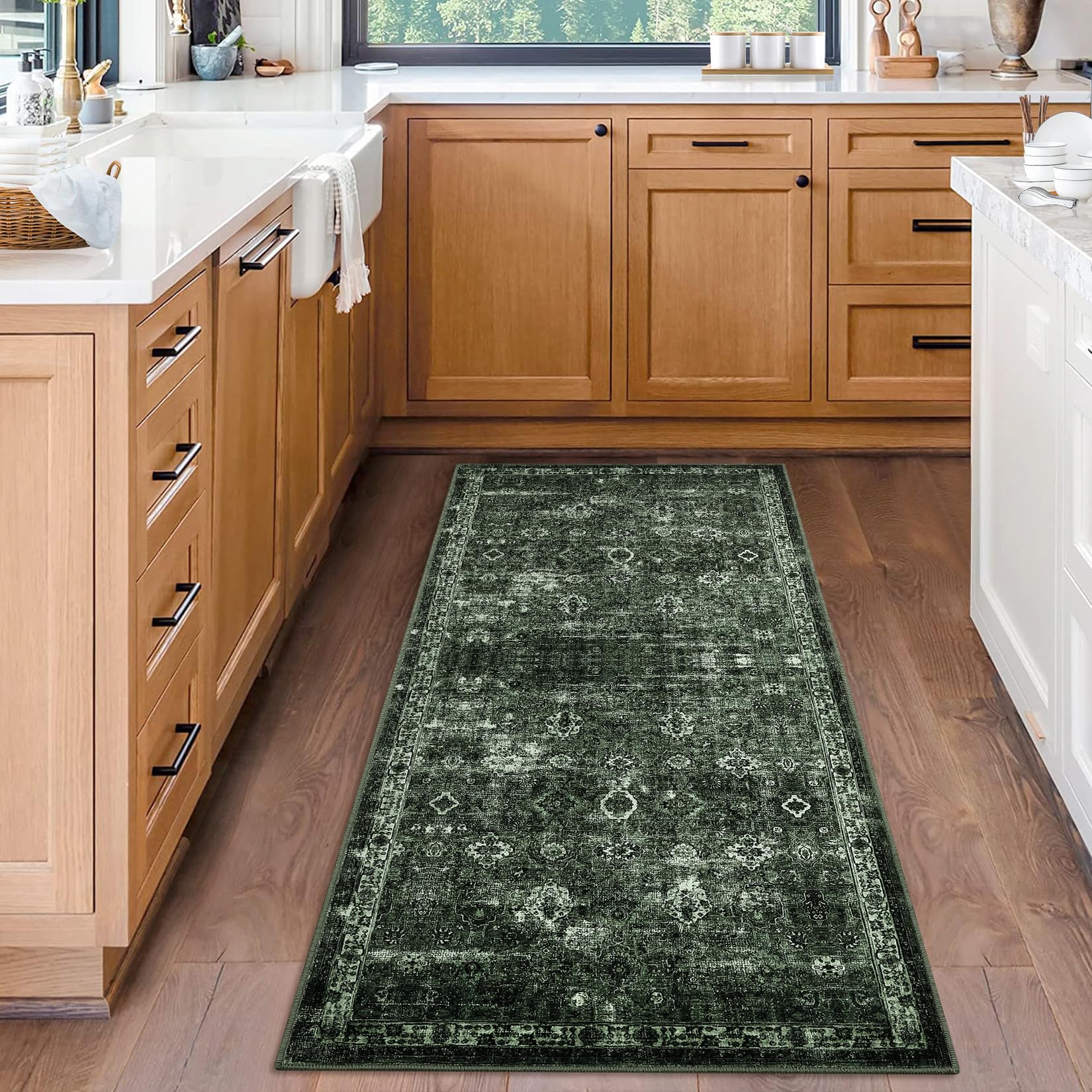 Tappeto antiscivolo a pelo corto Garvee Boho per cucina, corridoio, camera da letto, 80x150 cm, verde scuro vintage