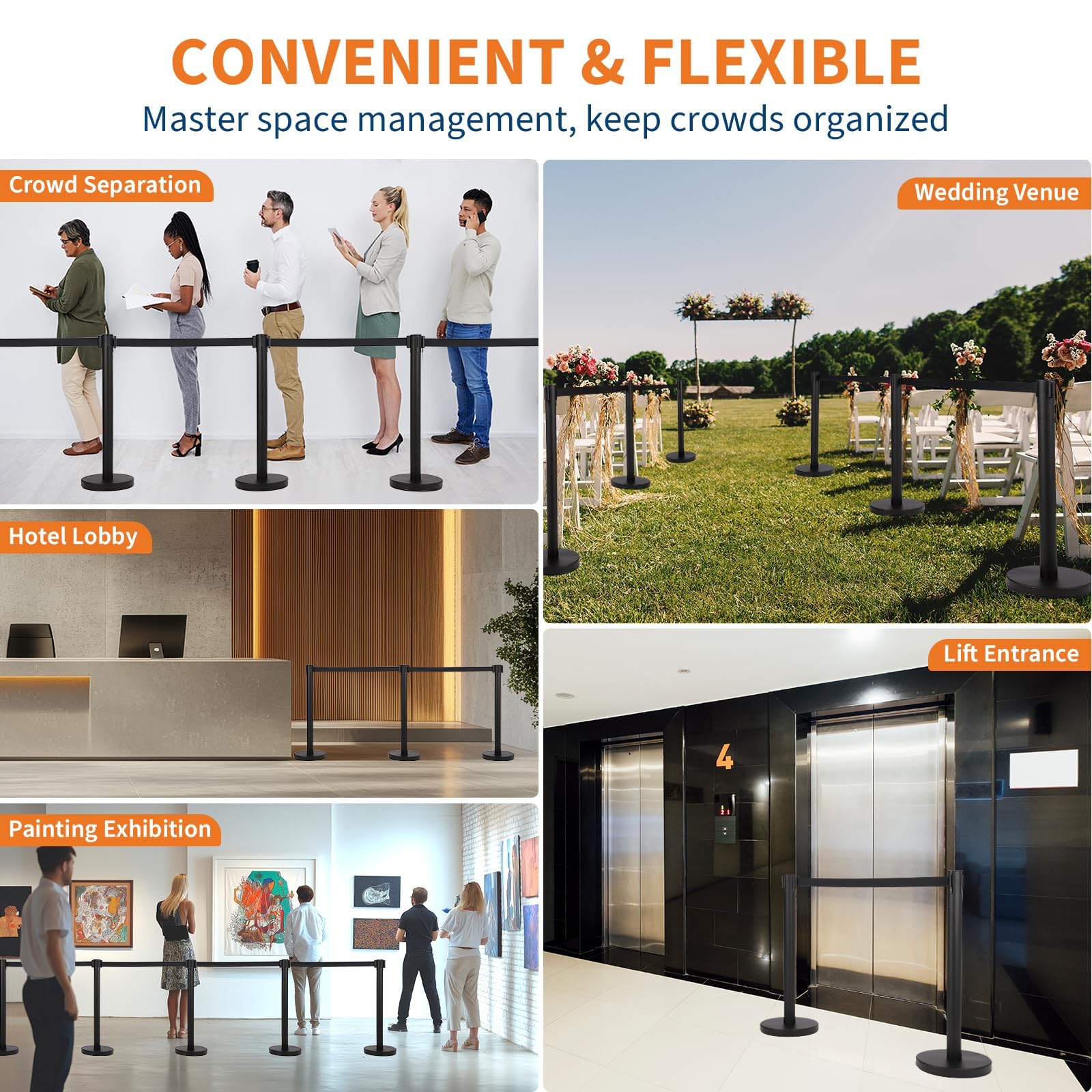 Garvee 2 pezzi Paletto di controllo della folla in acciaio inossidabile e ferro con cinghia a 4 vie per aree ad alto traffico Nero