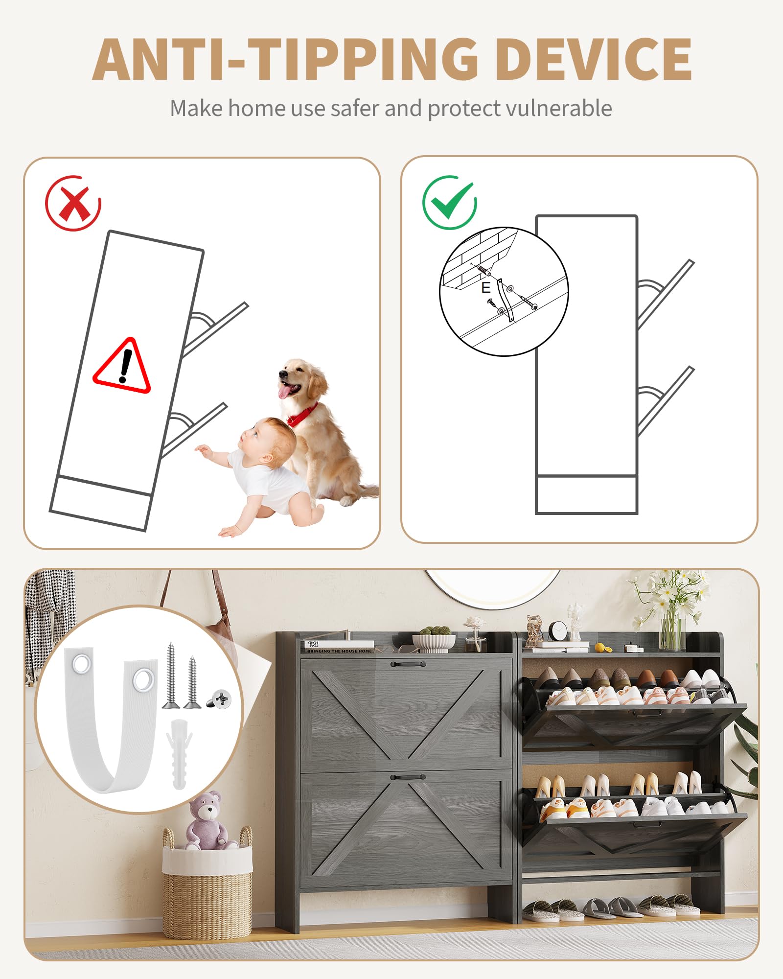 Garvee Scarpiera con 2 cassetti pieghevoli, marrone rustico, per corridoio e ingresso, salvaspazio, resistente, gambe in metallo