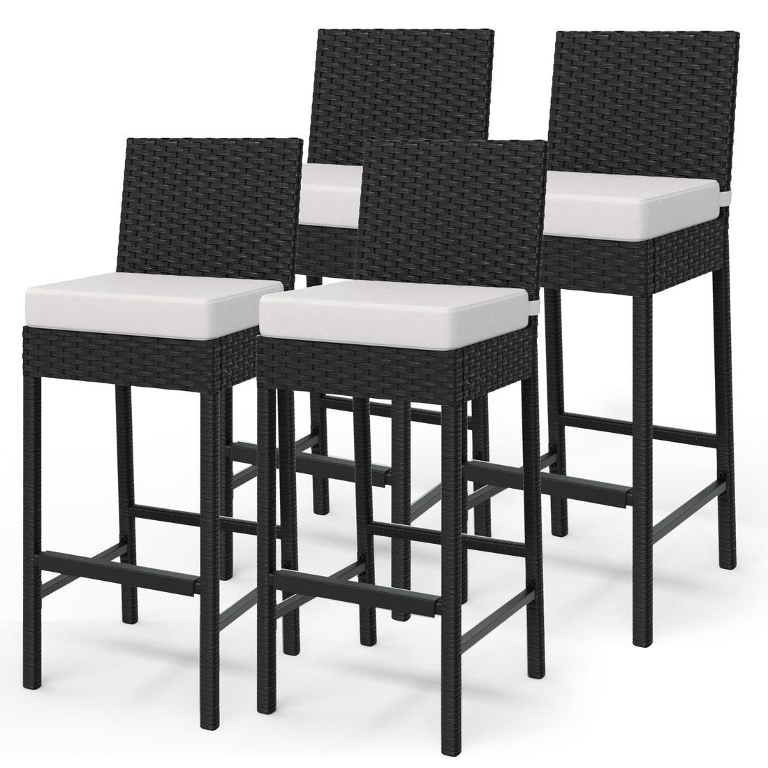Set di 4 sgabelli da bar per esterni in vimini Garvee - Rattan, ergonomici e resistenti alle intemperie, altezza seduta 28", giardino e patio, nero