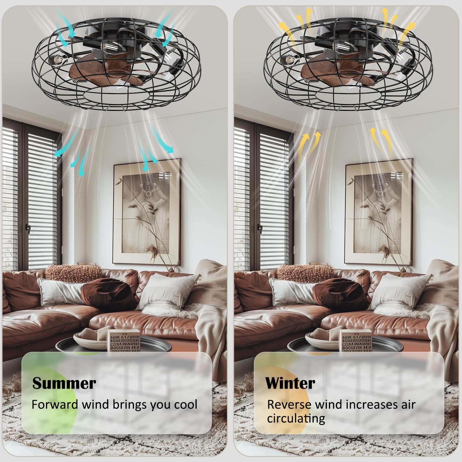 Ventilatore da soffitto retrò GARVEE con luce e telecomando, 6 velocità di ventilazione regolabili, lampada con ventola da 50 cm per soggiorno e camera da letto, timer, 7 pale, 6 lampadine E14 (non incluse)