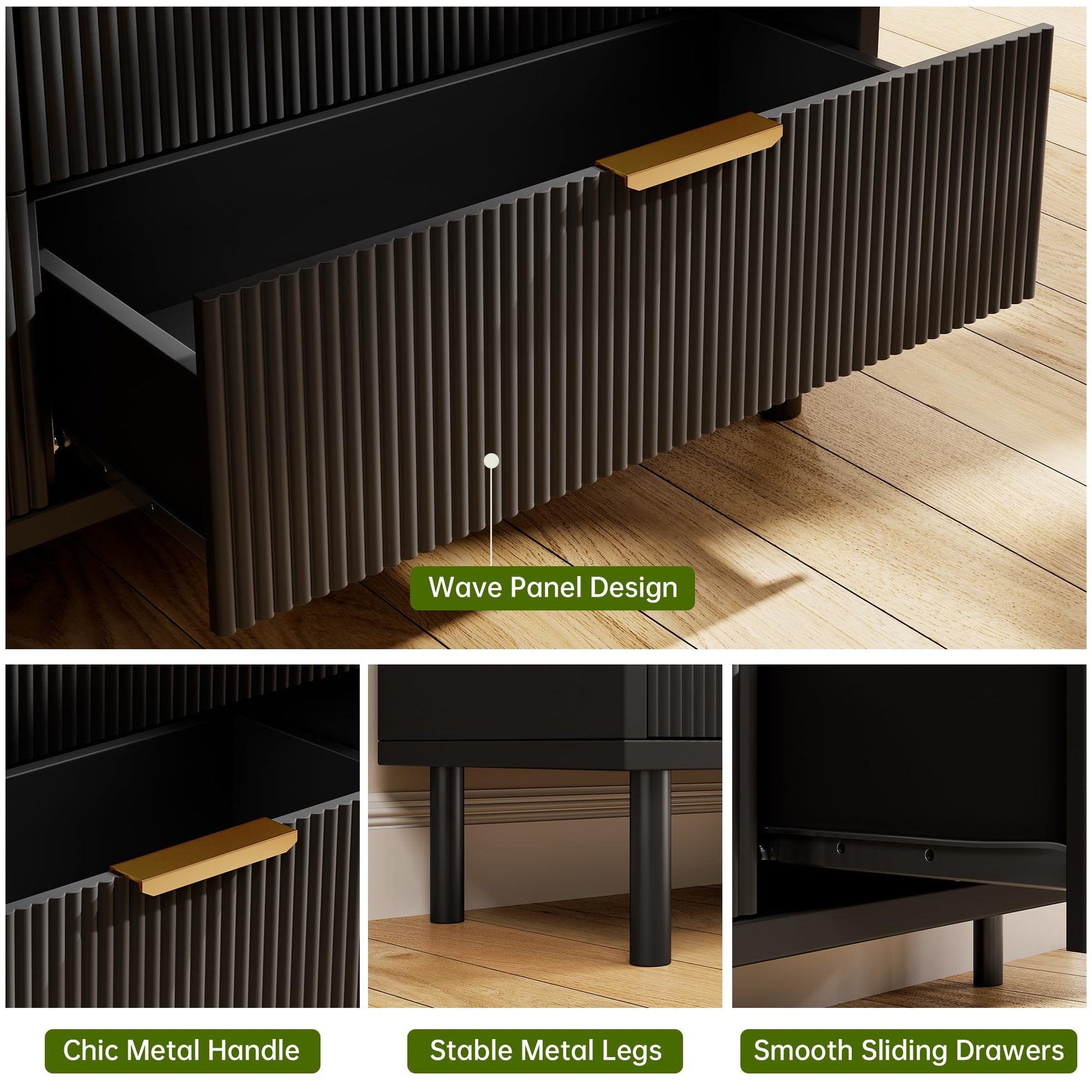 Cassettiera Garvee Black Fluted a 3 cassetti con gambe in metallo per camera da letto e soggiorno, moderna, robusta, in melamina, nera
