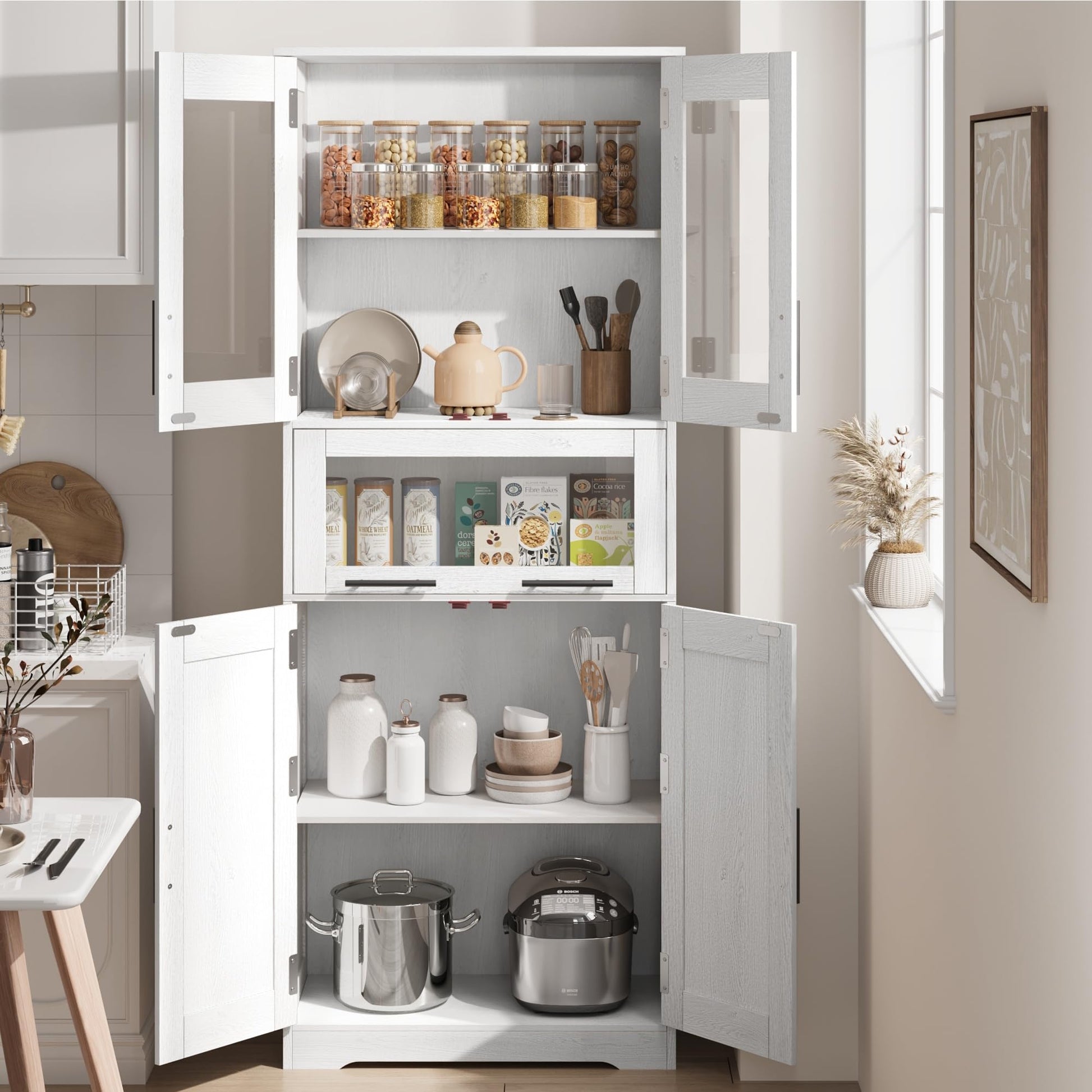 Mobiletto alto da bagno Garvee con ante in vetro, ripiani regolabili, MDF, bianco per cucina e soggiorno, 23,6"x11,8"x66,9"