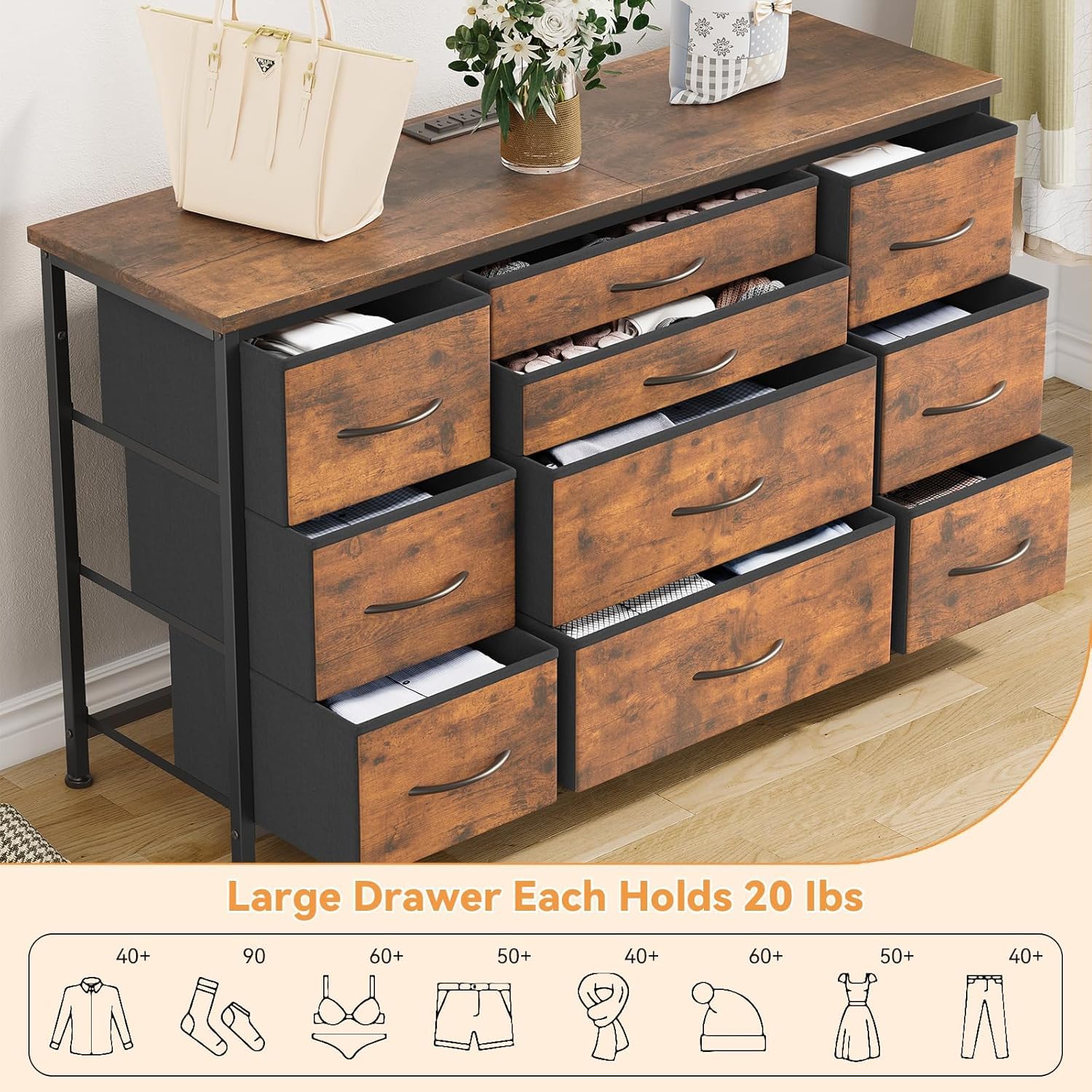Cassettiera GARVEE con cassetti, con presa di corrente, 10 cassetti, cassettiera multifunzionale per camera da letto e soggiorno - Credenza robusta e durevole, 120*40*70 cm