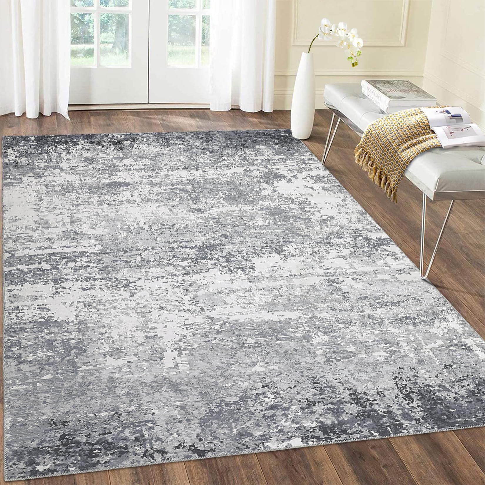 Tappeto GARVEE Abstract Modern 160x230cm antimacchia, lavabile, antiscivolo, morbido, astratto, grigio, ideale per sala da pranzo e cameretta dei bambini
