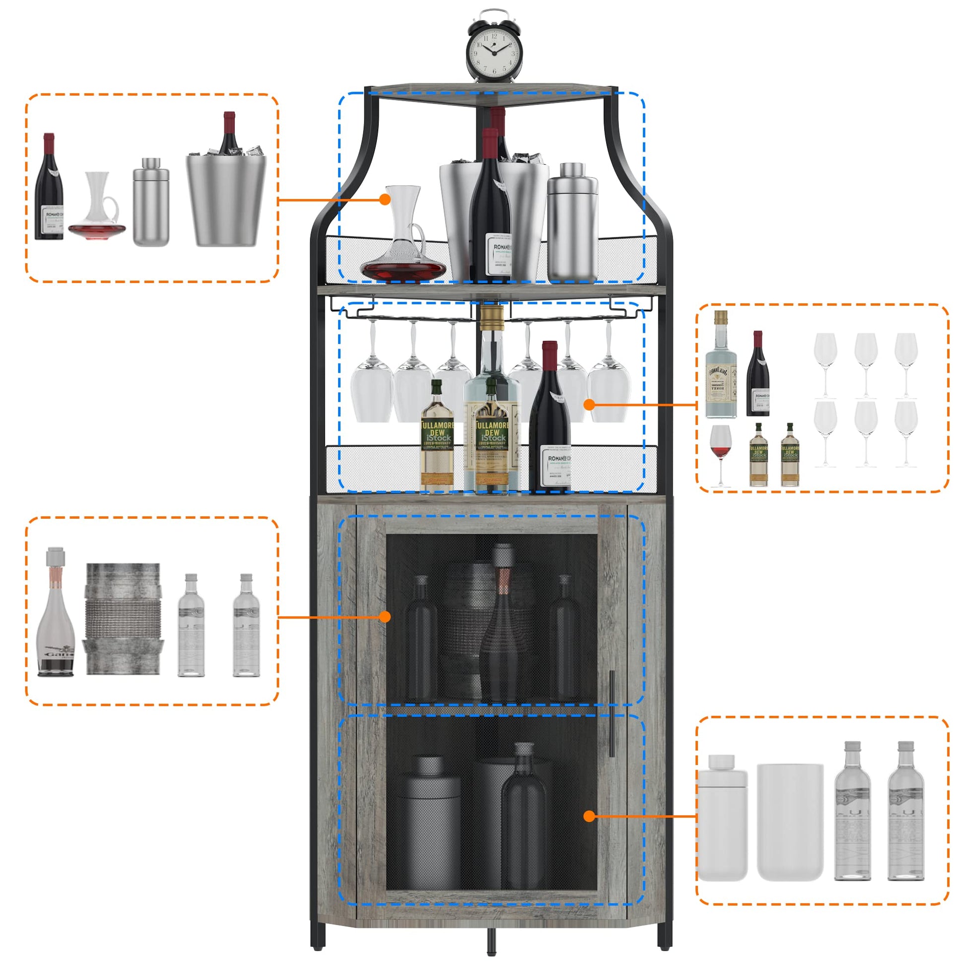 Mobiletto angolare Garvee con 5 ripiani, ripiani regolabili, MDF e metallo, anta a battente, grigio, per cucina e sala da pranzo, 47 x 45 x 152 cm