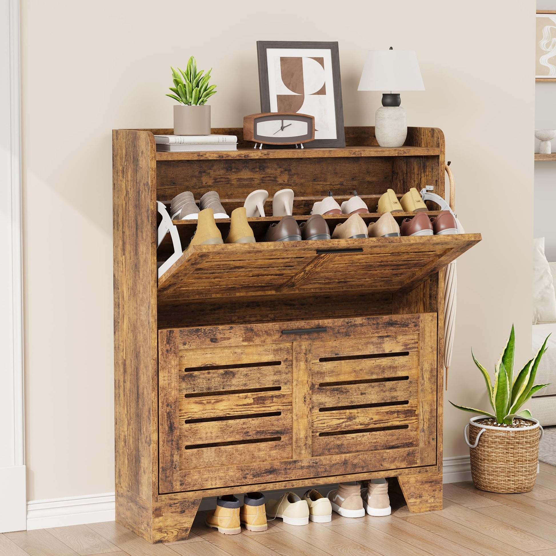 Scarpiera Garvee per corridoio con 2 cassetti a scomparsa, organizer per scarpe stretto in legno P2, ventilato, antigrafcio, con ganci per corridoioioio e garage, 13.8 pollici, color legno