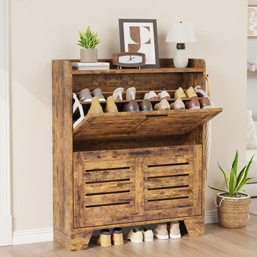 Scarpiera Garvee per corridoio con 2 cassetti a scomparsa, organizer per scarpe stretto in legno P2, ventilato, antigrafcio, con ganci per corridoioioio e garage, 13.8 pollici, color legno