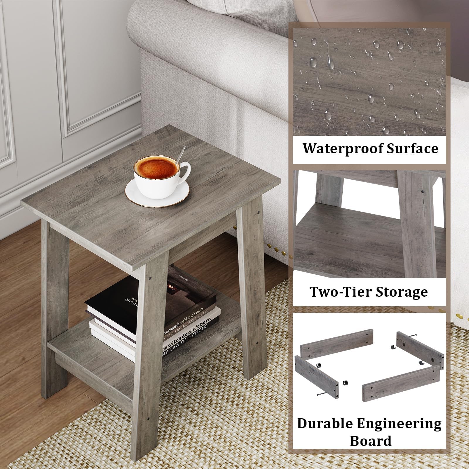 Set di tavolini laterali Garvee, 2 ripiani, compatto, robusto, effetto legno, soggiorno, camera da letto, 39,42 cm x 29,97 cm x 48,21 cm