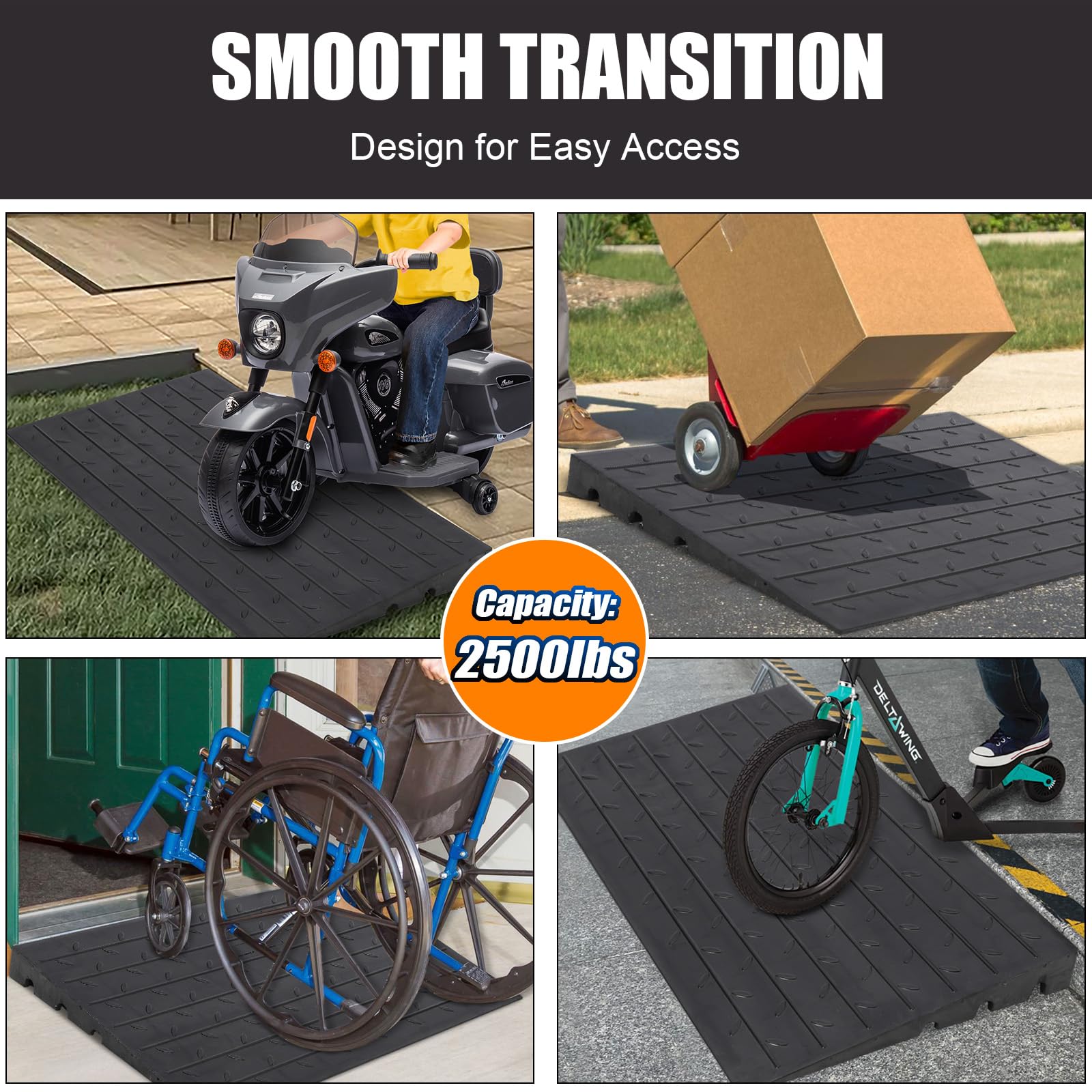 Rampa di soglia in gomma Garvee, inclinazione 2,5", capacità di carico 2500 libbre, robusta protezione per cavi antiscivolo in gomma a 3 canali per sedie a rotelle e scooter.