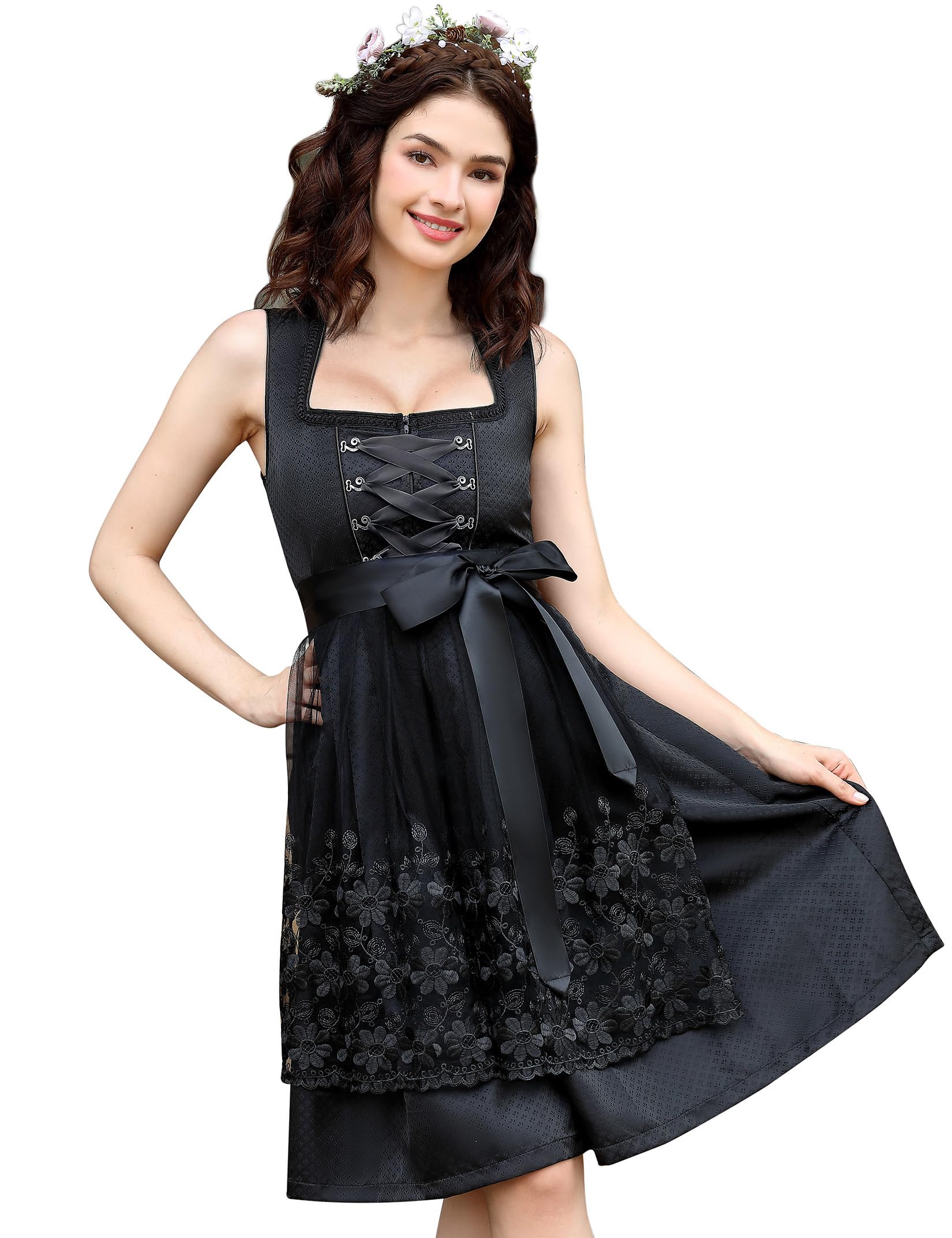Garvee Dirndl corto da donna, elegante abito tradizionale Oktoberfest, nero, taglie 34-48