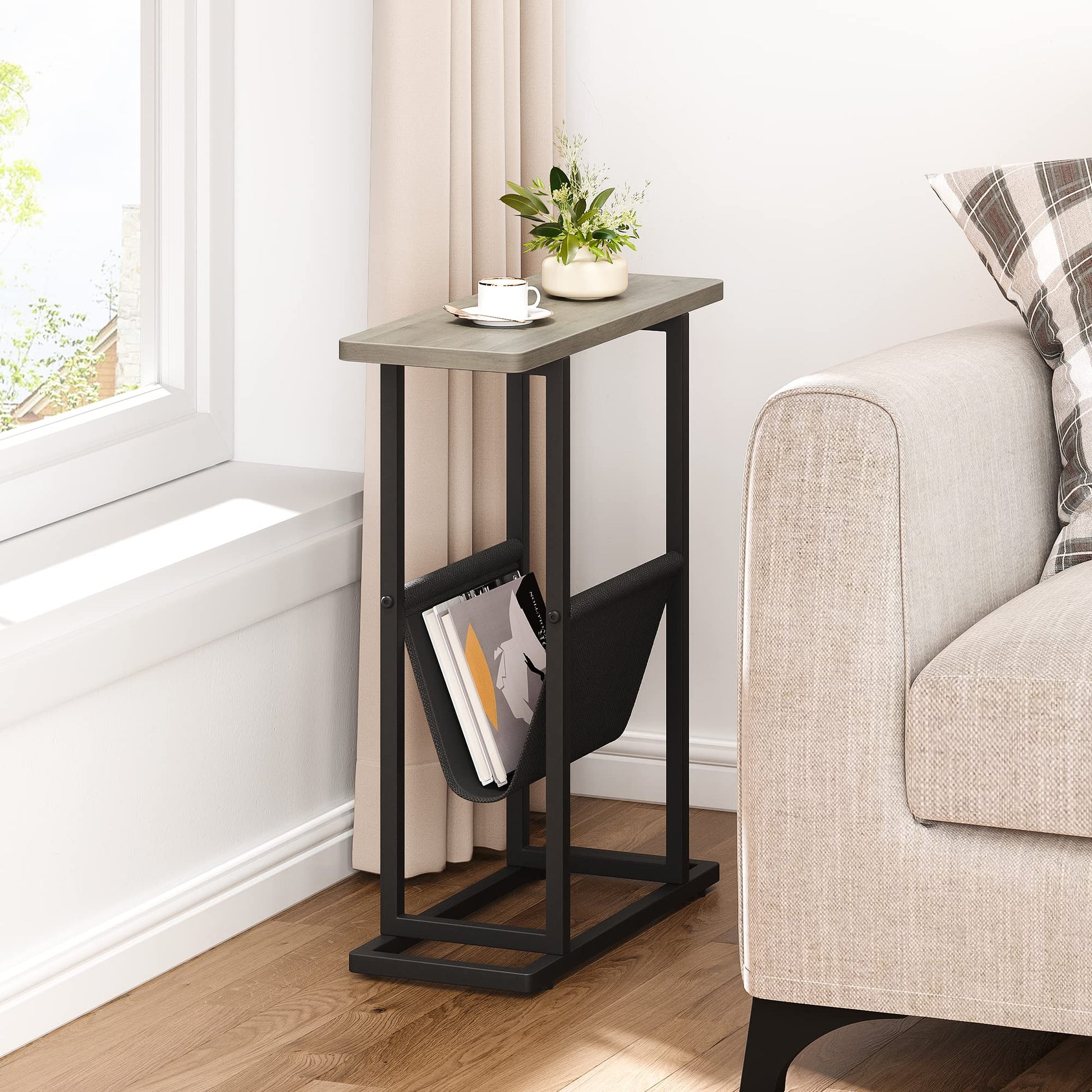 Tavolino laterale stretto Garvee per piccoli spazio con spazio per archiviazione, soggiorno, ufficio, 17.7"L*7.08"W*21.7"H, grigio