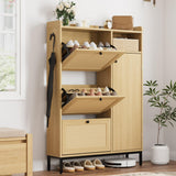 Garvee Mobile Porta Scarpe Con 3 Cassetti Ribaltabili E 4 Ripiani Regolabili, Design Rattan, Robusta Struttura MDF E Metallo, Ideale Per Ingresso E Corridoio, Capienza Grande, Colore Naturale - Light Oak