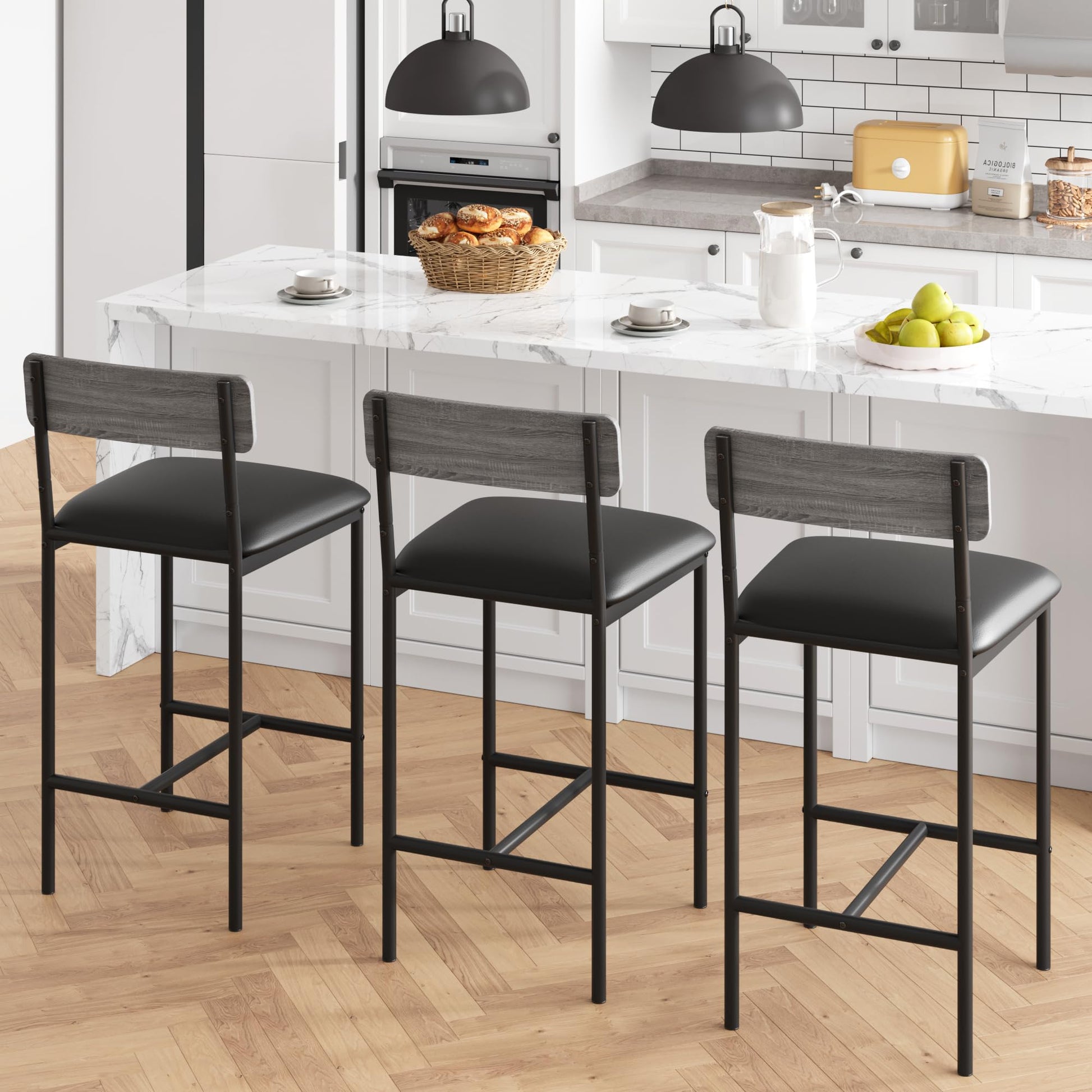 Set di 2 ripiani nel bar Garvee con binari e poggiapiedi, imbottiti, robusti MDF e acciaio, grigio rustico, per cucina isola e bar