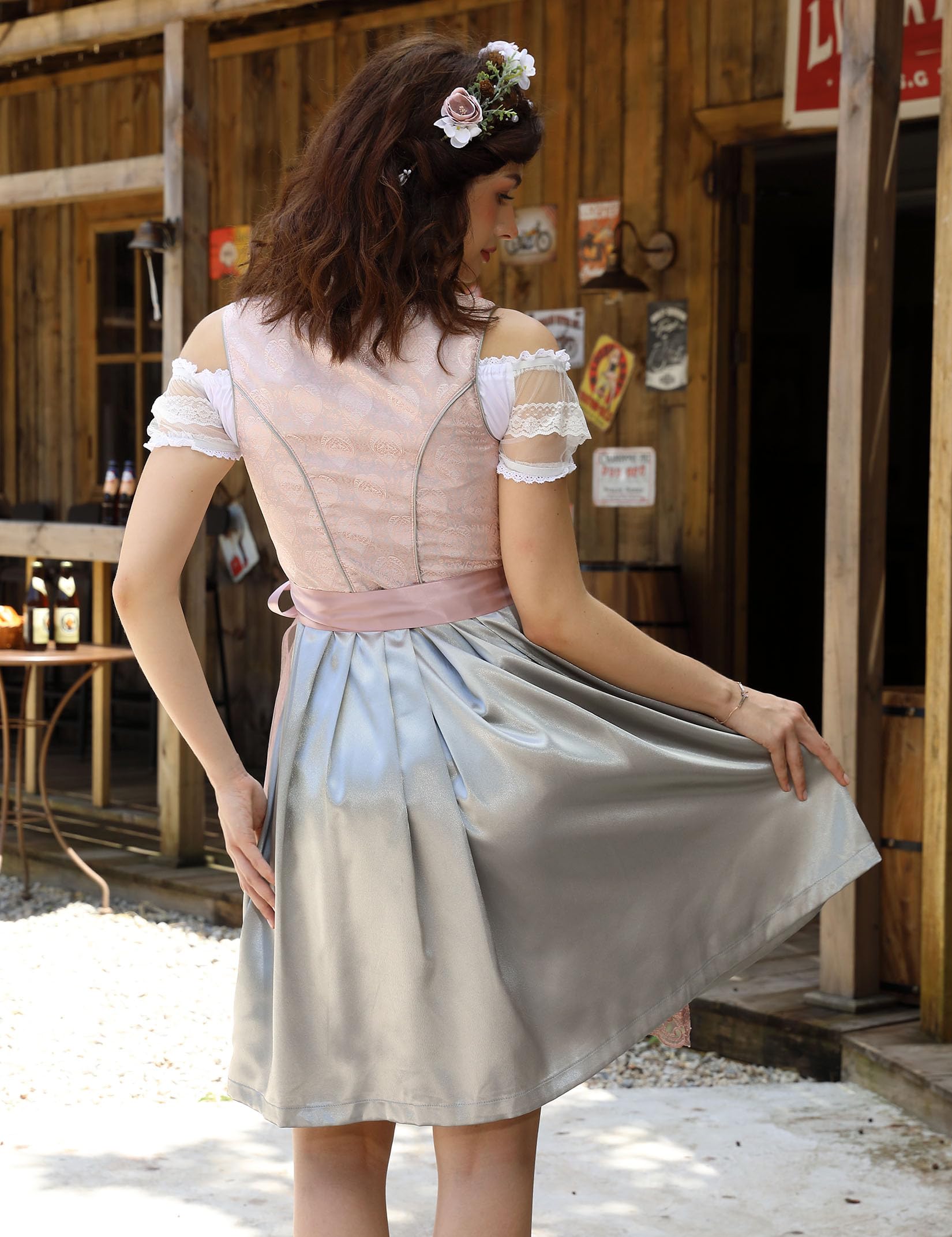 Garvee Dirndl - Abito tradizionale midi da donna, set completo da 3 pezzi per l'Oktoberfest, grigio, taglia 46