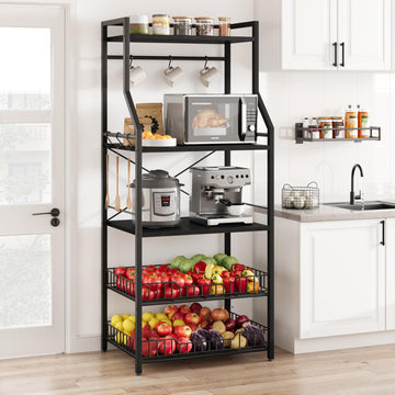 Scaffale da cucina Garvee Bakers Rack con 5 ripiani, 2 cestelli in filo metallico, 8 ganci, robusto MDF e acciaio, nero rustico, versatile per cucina e bar
