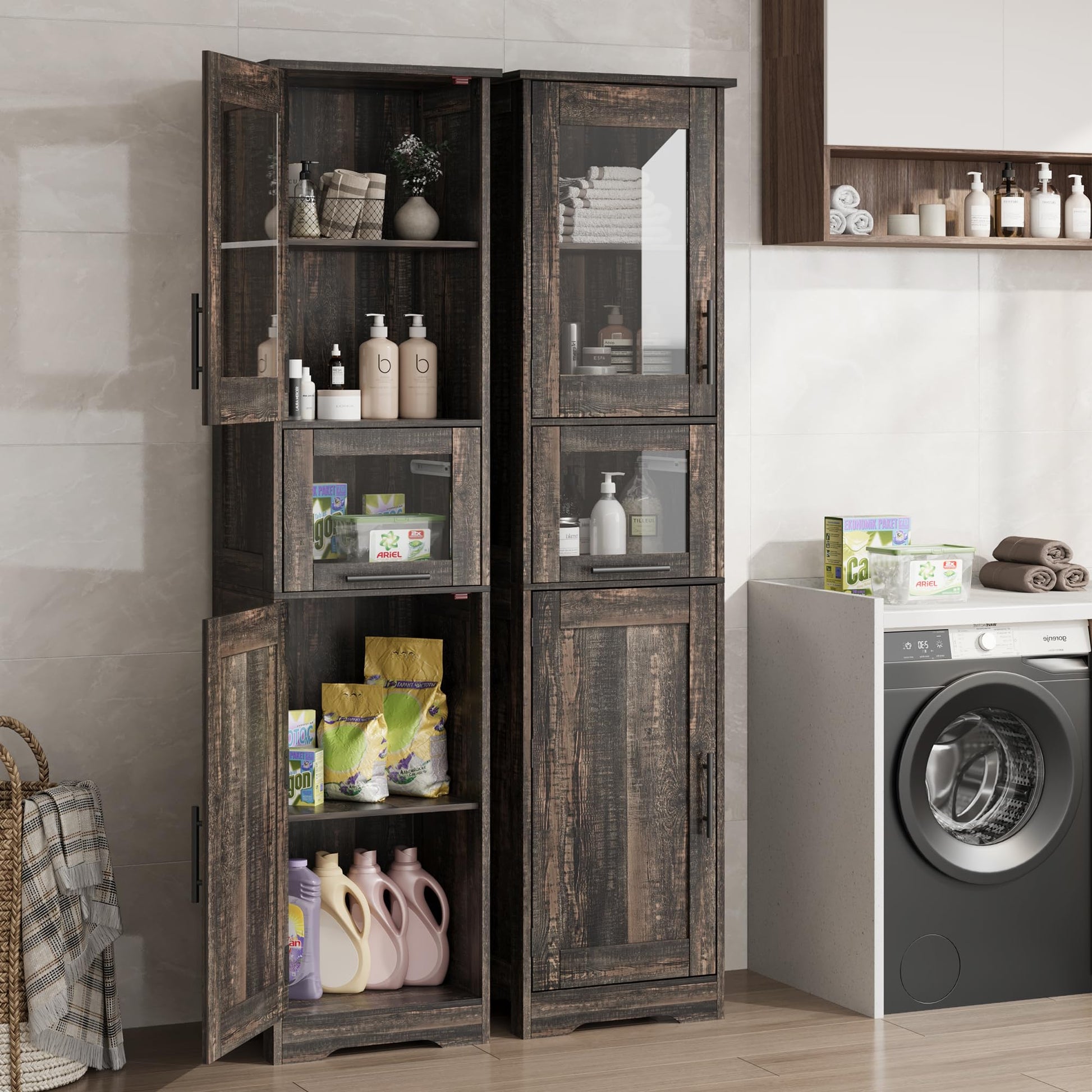 Mobiletto da bagno alto e sottile Garvee con ante, ripiani regolabili, MDF, design retrò in vetro, rovere scuro per piccoli spazi e soggiorni
