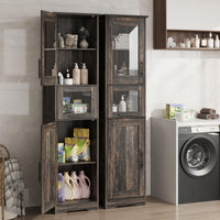 Mobiletto da bagno alto e sottile Garvee con ante, ripiani regolabili, MDF, design retrò in vetro, rovere scuro per piccoli spazi e soggiorni