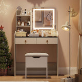 Garvee Tavolo Trucco con Specchio LED e Stazione Ricarica, 2 Cassetti, Legno Bianco, Elegante per Camere da Letto, Sgabello con Contenitore