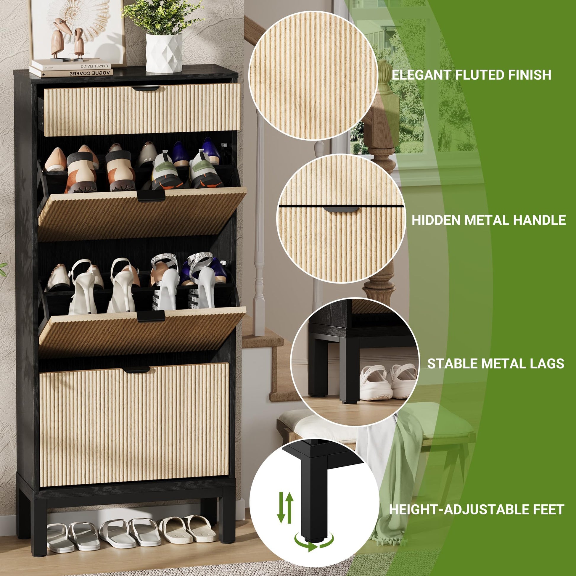 Scarpiera Garvee con 3 ante a battente e 1 cassetto per corridoio e ingresso, grande, in legno e ferro, design sottile