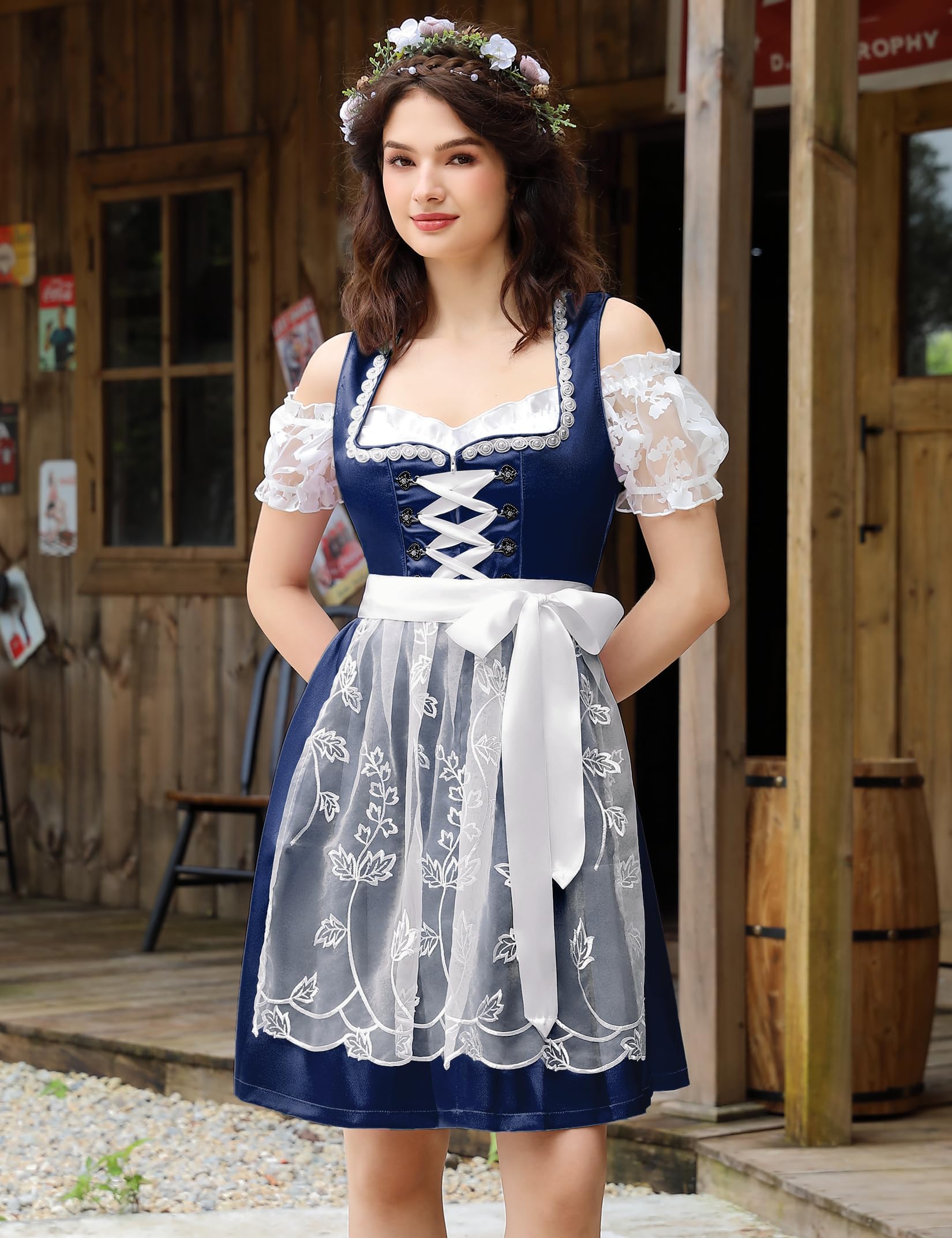Garvee Dirndl da donna, set completo Dirndl midi da 3 pezzi, abbigliamento tradizionale con grembiule, camicetta, vestito, blu scuro, taglie 34-48