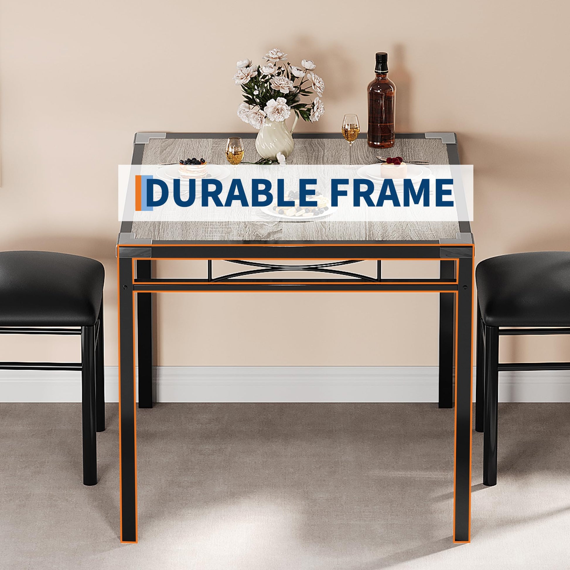 Set da pranzo Garvee per 2 persone con sedie imbottite, protezioni angolari, ergonomico, in legno MDF, struttura in acciaio, grigio retrò, compatto per cucina e appartamento
