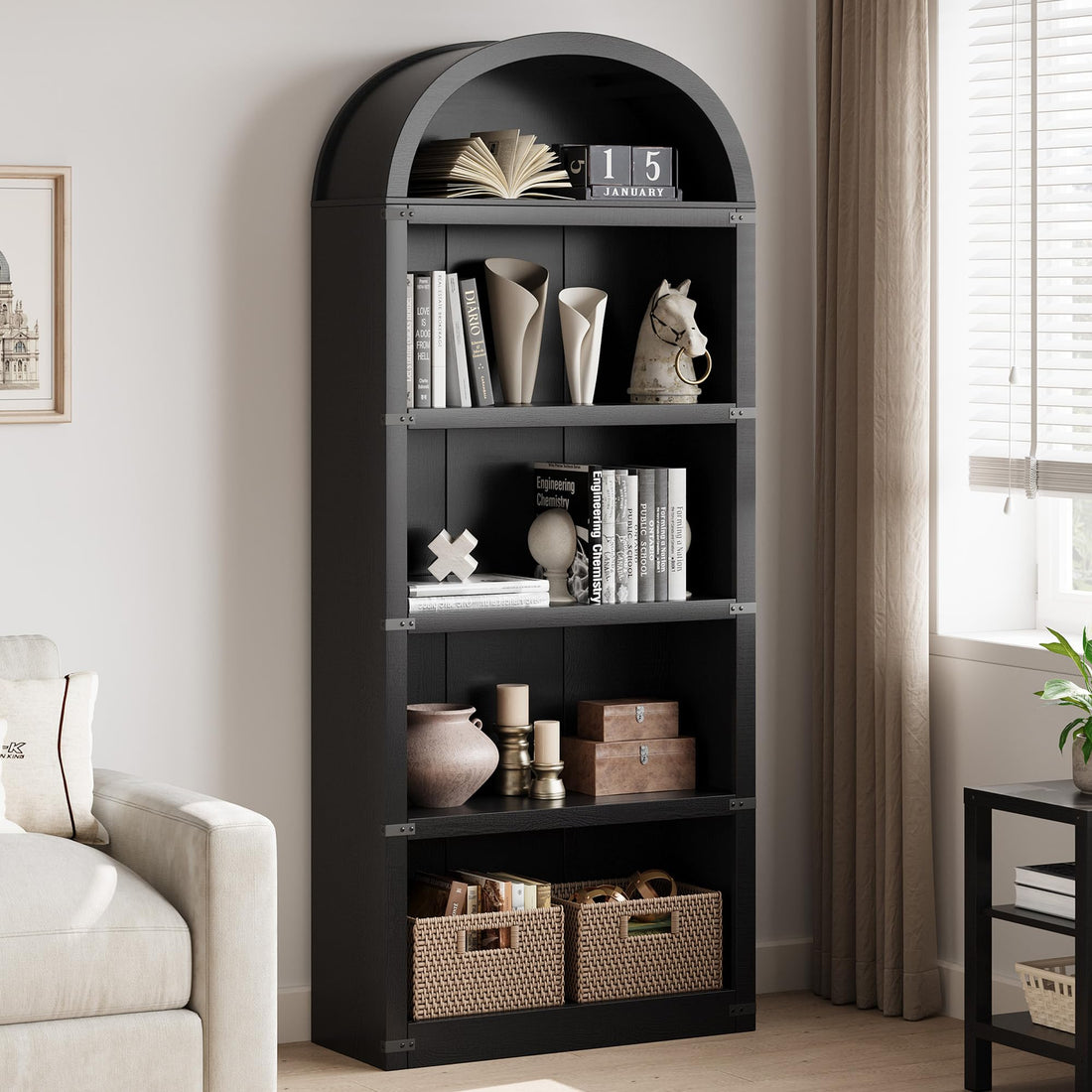 Libreria Garvee con 5 ripiani, stile fattoria ad arco, in legno con angoli in metallo, per soggiorno/ufficio, 71,65x29,92x11,88 pollici, legno naturale