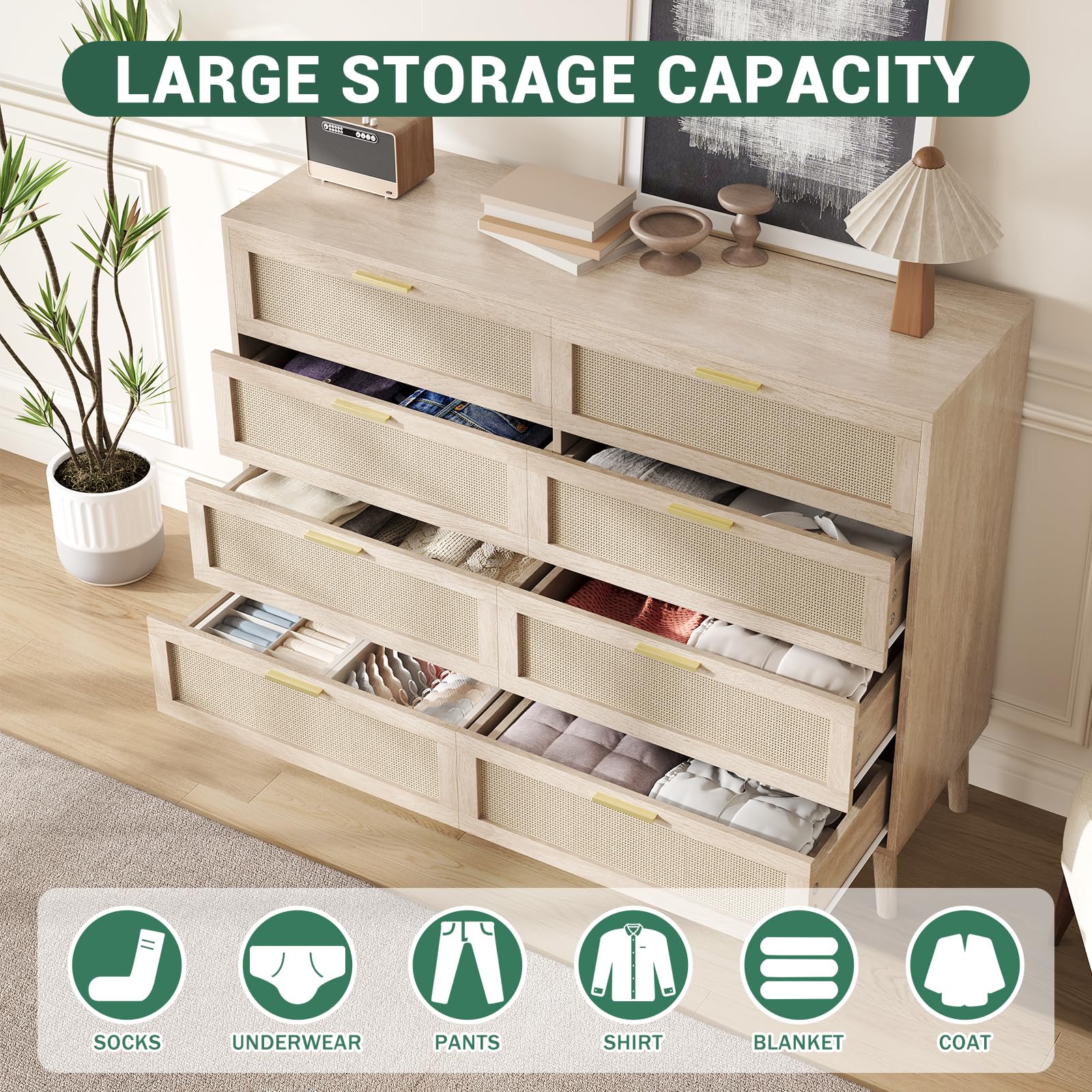 Cassettiera in rattan Garvee con 8 cassetti, spaziosa e robusta, per camera da letto e corridoio, colori naturali