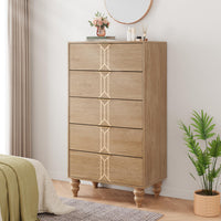 Cassettiera Garvee a 5 cassetti con motivo vintage, in legno MDF, maniglie dorate per camera da letto e soggiorno, grande, resistente