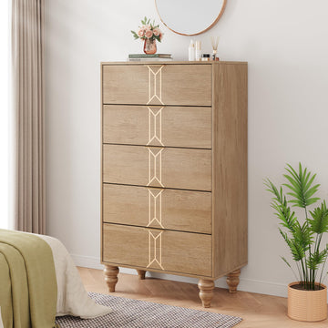 Cassettiera Garvee a 5 cassetti con motivo vintage, in legno MDF, maniglie dorate per camera da letto e soggiorno, grande, resistente