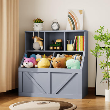 Libreria per bambini e organizer per giocattoli Garvee con 3 ripiani aperti, 2 grandi scatole, grigio per cameretta e sala giochi, robusta, sicura, MDF, 35,4"x16,5"x36,2"