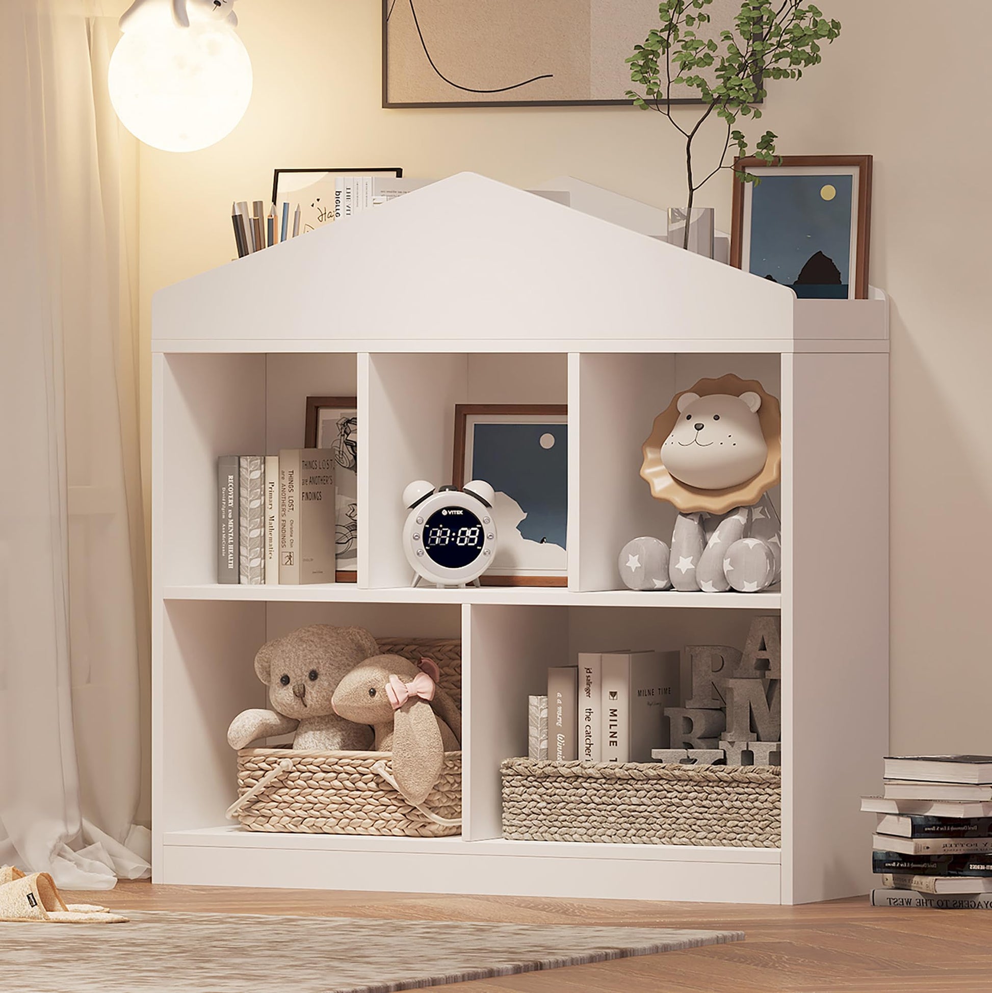 Scaffale portaoggetti Garvee con 5 scomparti e tetto moderno per cameretta e sala giochi per bambini, 35,43" x 35,43" x 11,8", legno antigraffio, sicuro per i bambini