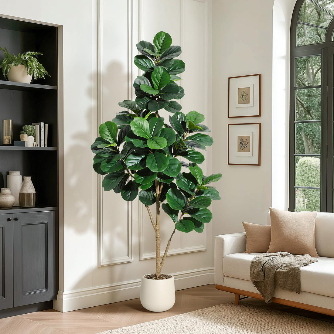 Albero artificiale di Ficus Lyrata Garvee da 6 piedi con 108 foglie, vaso bianco da 9 pollici, soggiorno e ufficio, facile da pulire